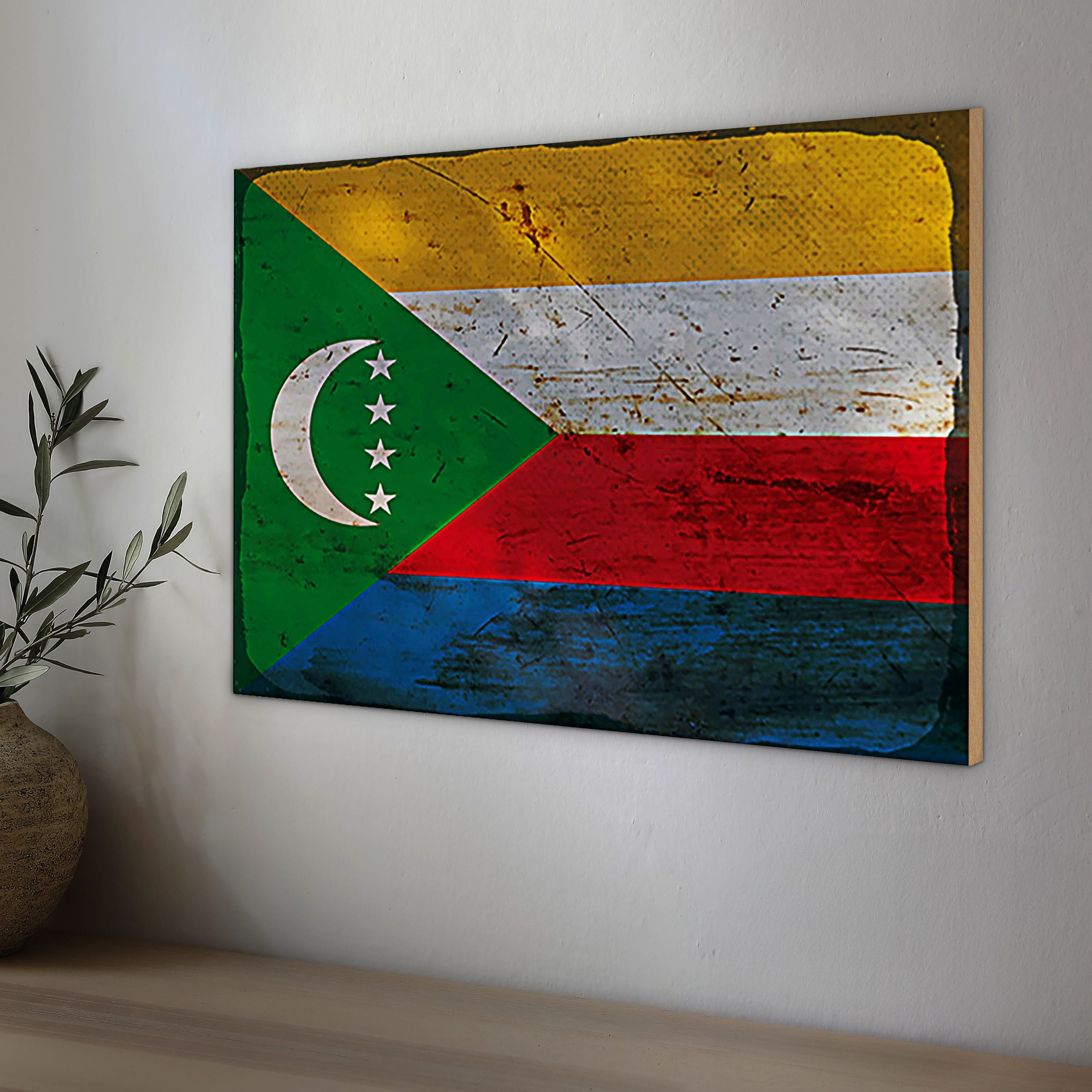 Roomando Holzbild Holzschild Flagge Komoren 30x20cm Flag Comoros Rost