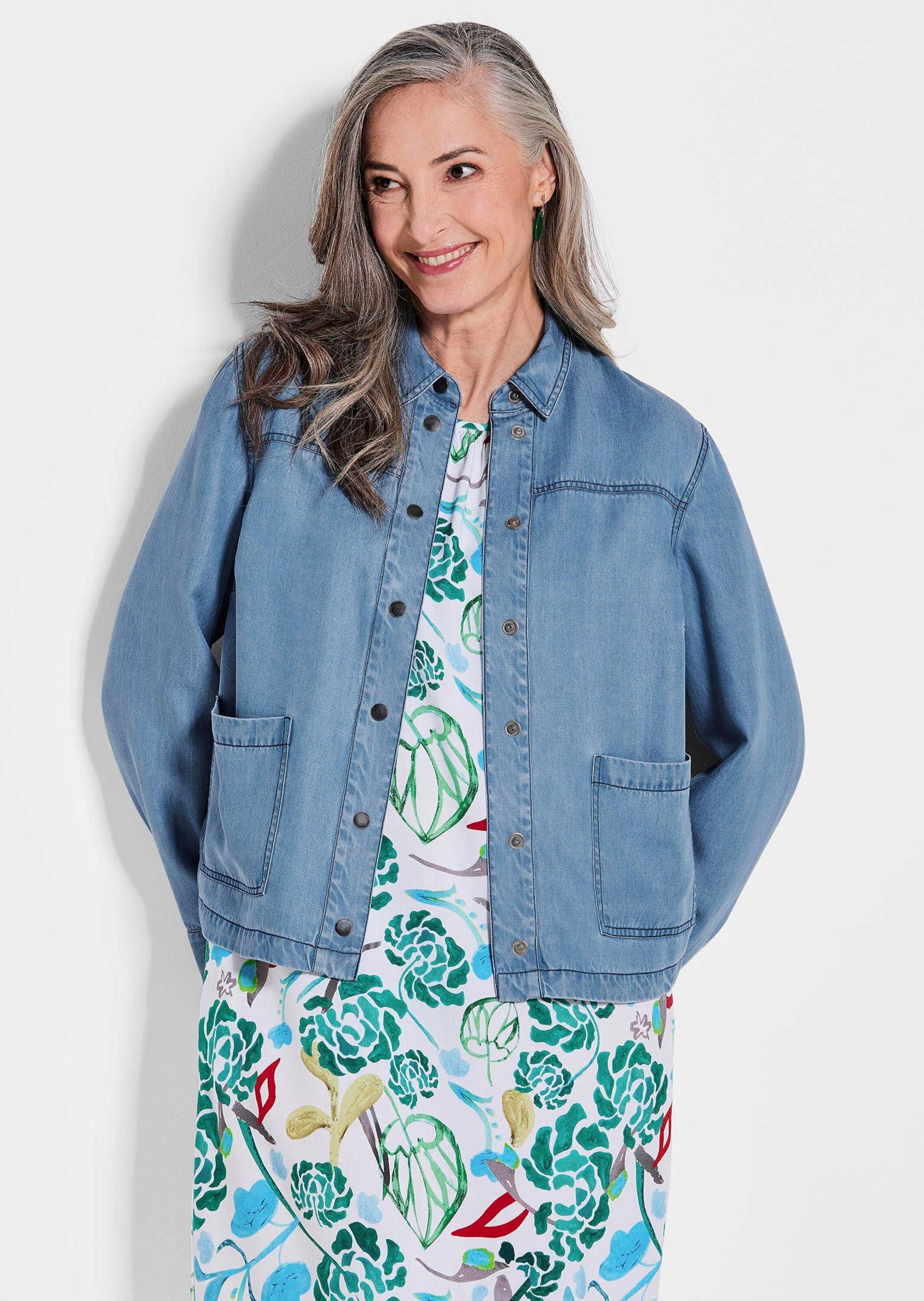 GOLDNER Outdoorjacke Denim-Jacke in Blau mit aufgesetzten Taschen Langarm leichte Jacke in Denim-Look mit Druckknöpfen