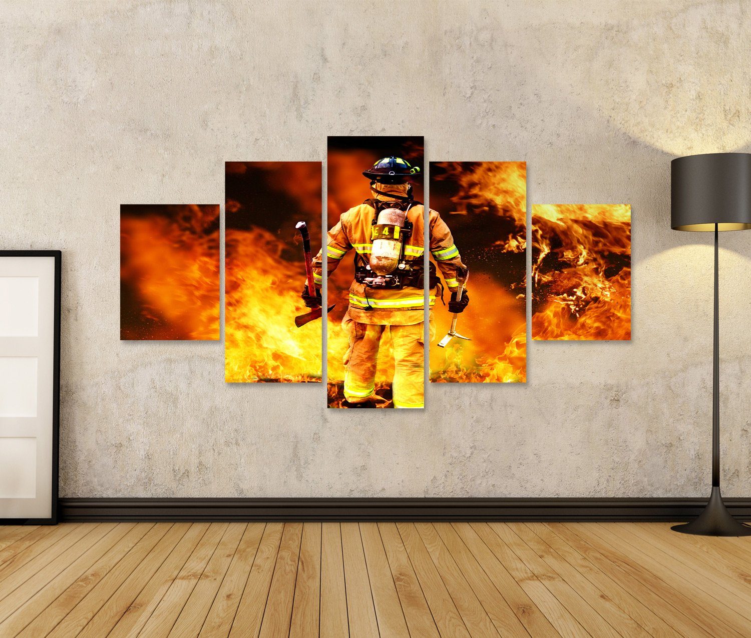 islandburner Leinwandbild Bild auf Leinwand Feuerwehr Mann bekämpft die Flammen Wandbild Poster