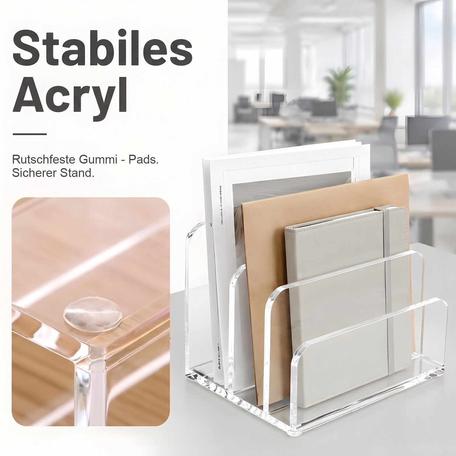 AIMAX Organizer Briefhalter aus Acryl – 3 Fächer Schreibtisch Briefablage/Ablagesystem (Tischaufsatz, Vertikaler Aktenhalter, Brief Organizer, Büro Organizer, 1 – Bild 4 von 5