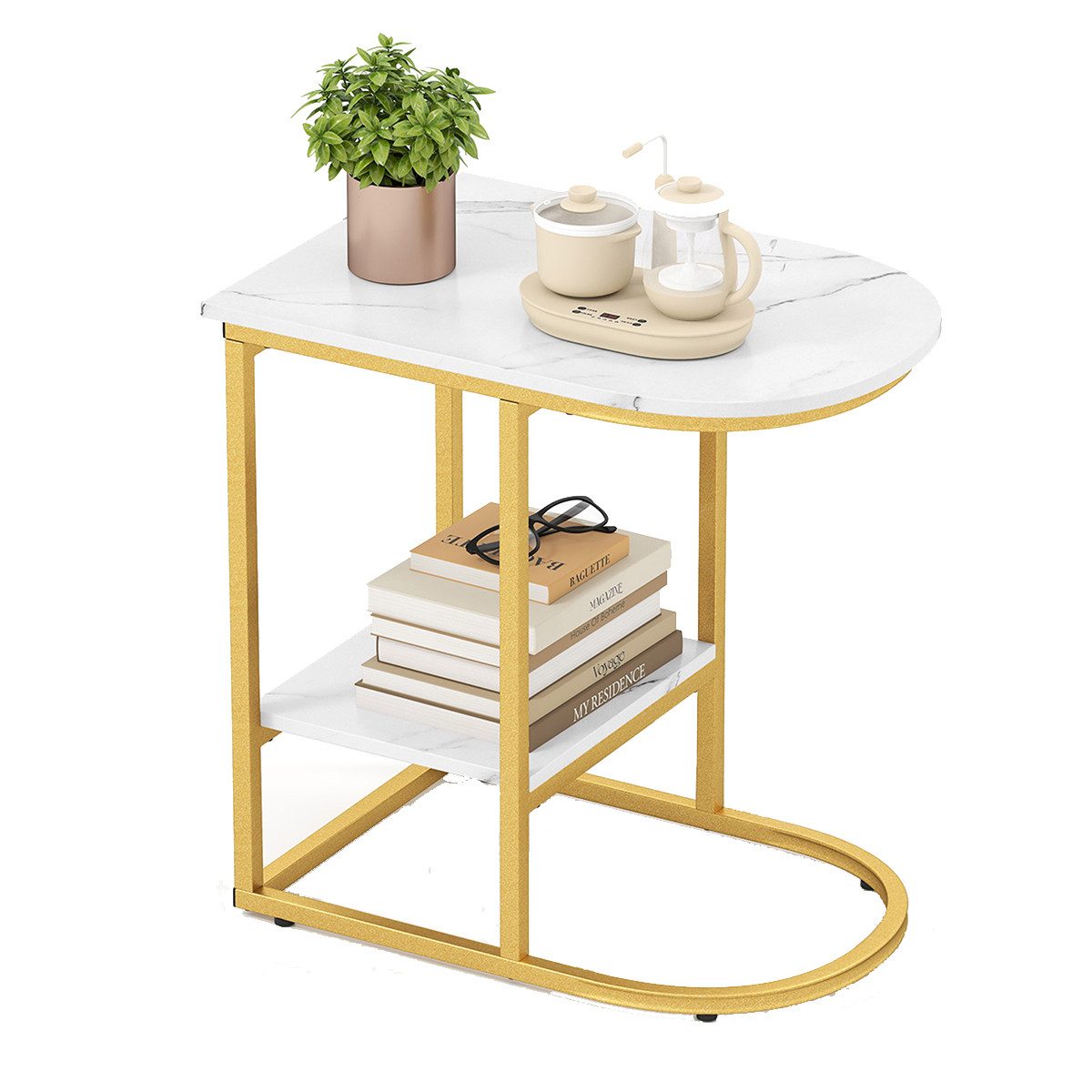 COSTWAY Beistelltisch, Marmor, 2-stöckiger Sofatisch mit Ablage, C Form