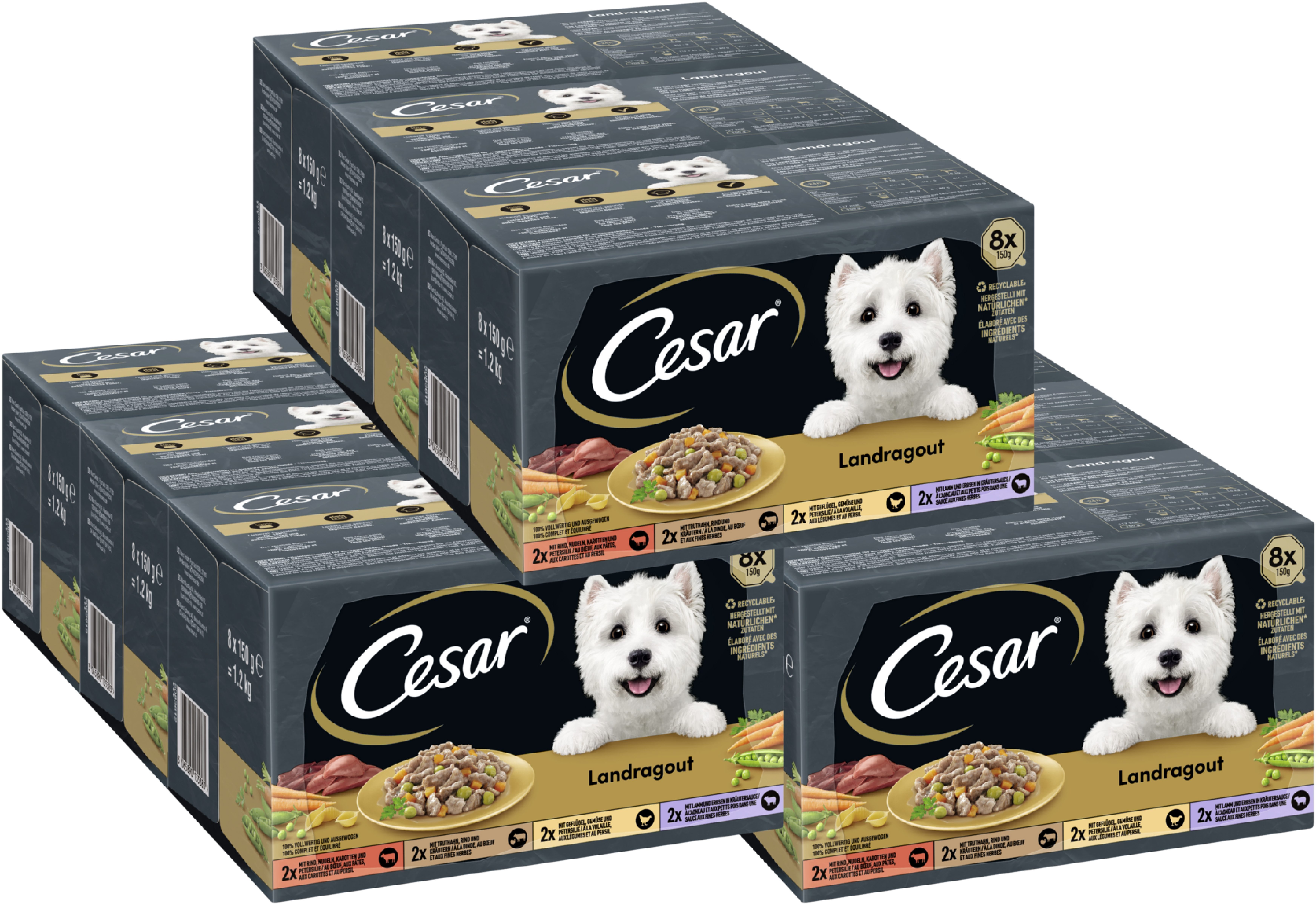 Cesar CESAR® Schale Multipack Landragout 4 Varietäten 9 x 8 x 150g, Nassfutter für: Hunde