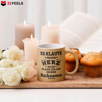 22Feels Tasse Verlobte Geschenk Frauen Verlobung Bekannt Geben Für Sie Spruch, Keramik, Glitzertasse, Made in Germany