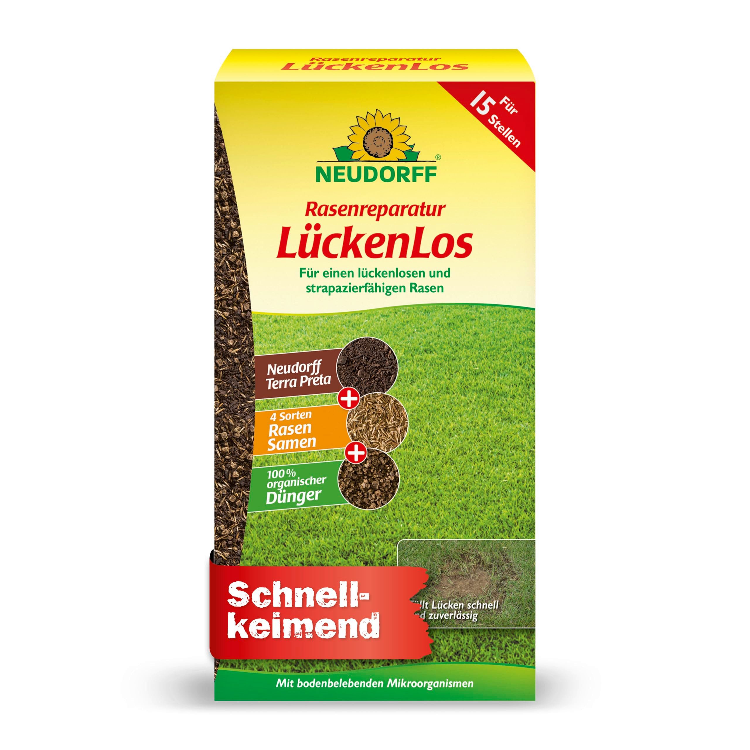 Neudorff Rasensamen Rasenreparatur LückenLos 1,2 kg für 15 Lücken, 3-in-1-Mischung aus Rasensamen, Terra Preta und Naturdünger