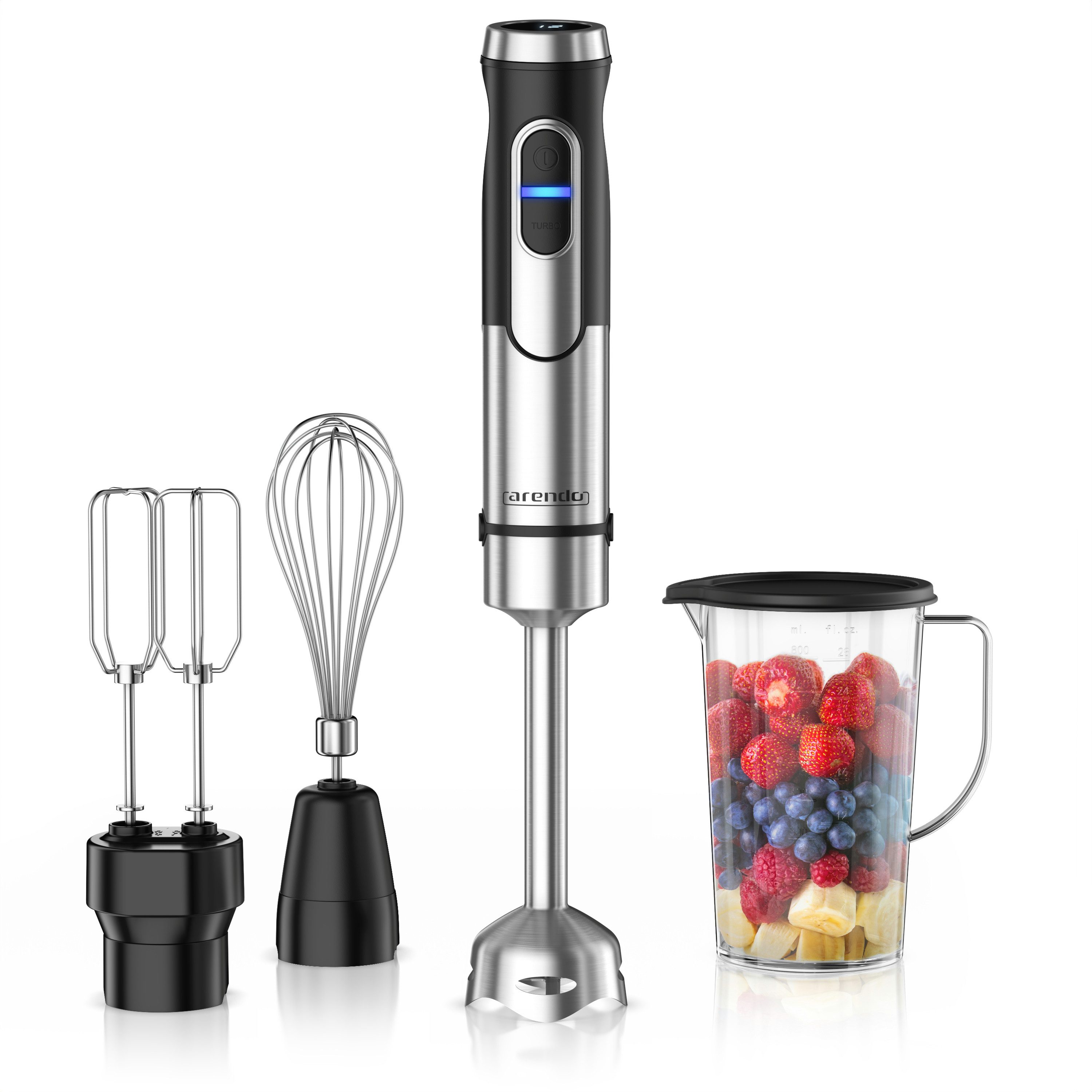 Arendo Stabmixer Edelstahl Pürierstab, Handmixer, Doppelquirl, Schneebesen & Mixbecher, 1500 W, DC-Motor, Turbotaste, Abnehmbarer Mixfuß, 12 Geschwidnigkeitsstufen