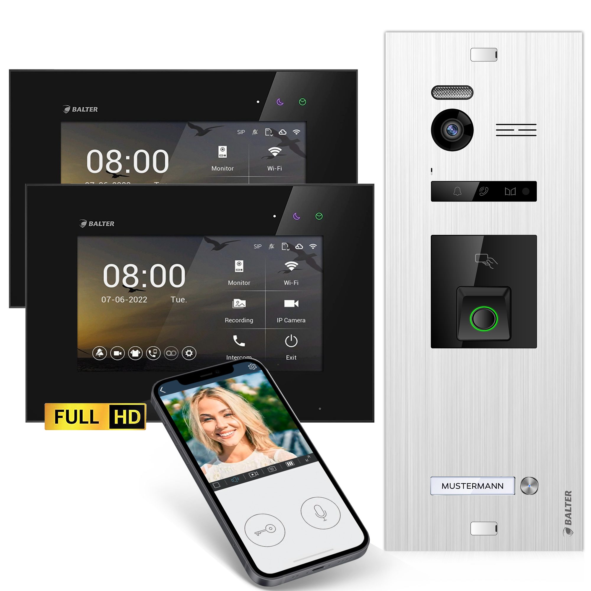 Balter Video-Türsprechanlage EVO HD Türsprechanlage RFID und App für 1 Familienhaus, 2x Monitore (Komplettset, 2-tlg., Fingerprint, RFID, App, Full HD 175° Ultraweitwinkelkamera)