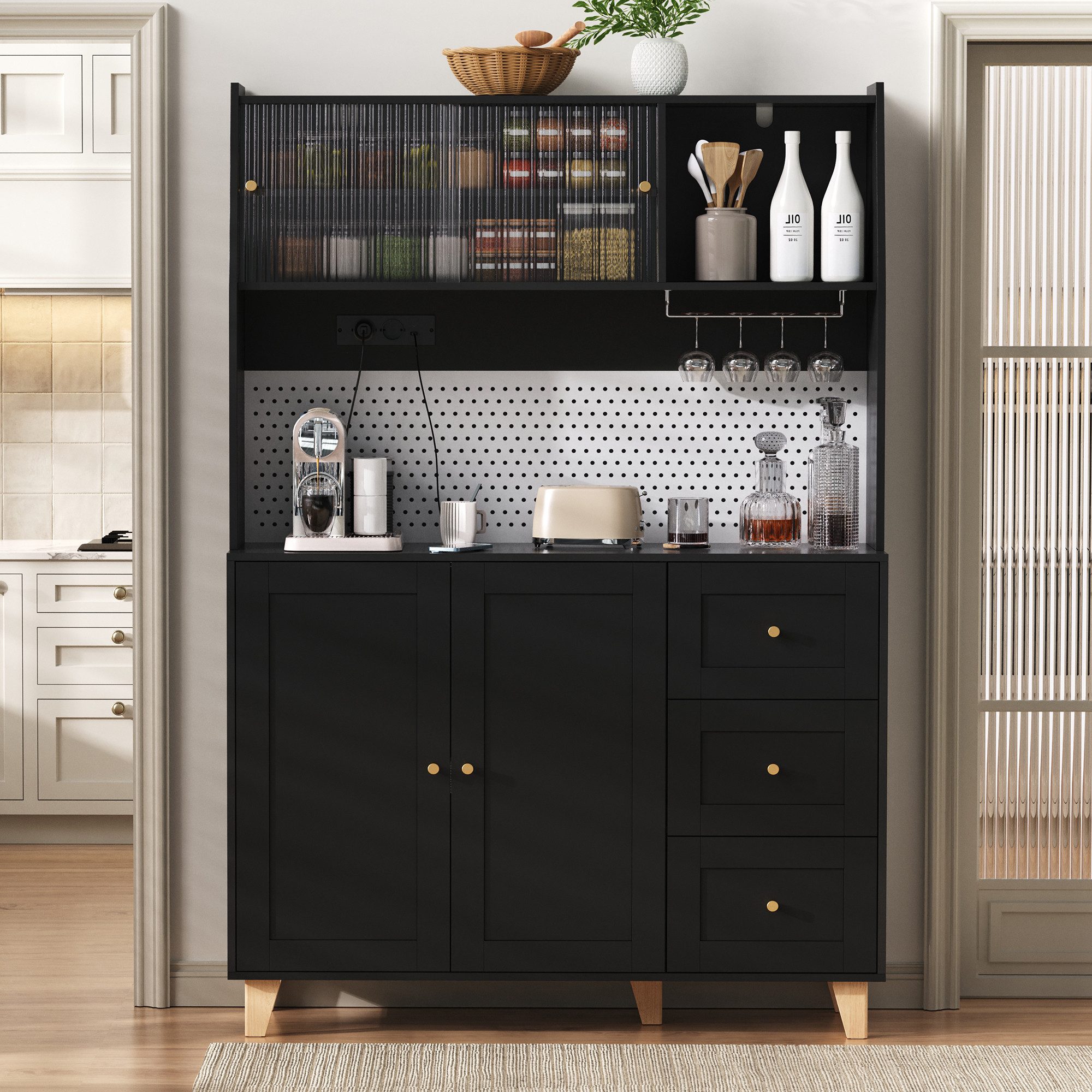 Flieks Küchenbuffet mit Steckdosen, Lochwand, Gläserhalter, Glas-Schiebetür und Schubladen (120x40x184 cm, 1-St., Mehrzweckschrank mit Arbeitsplatte, Türablagen und Massivholzbeinen) Hochschrank Küchenschrank Geschirrschrank mit verstellbarer Ablagen