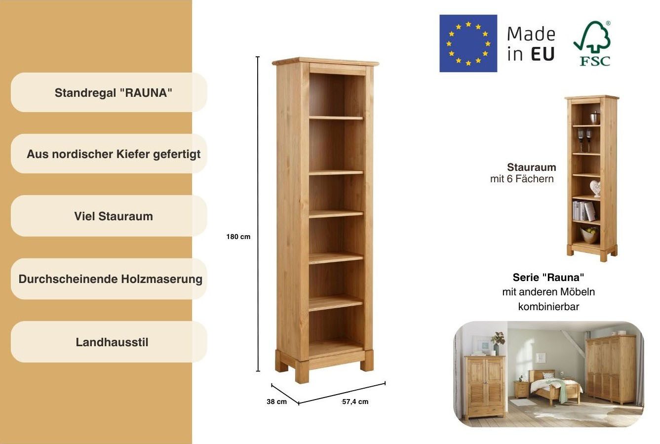 OTTO home Standregal Rauna, Höhe 180 cm, aus massiver Kiefer, FSC®-zertifiziert