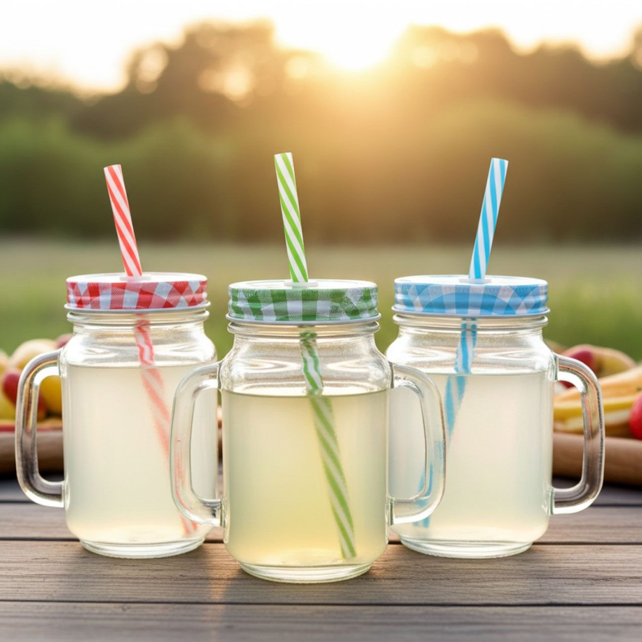 shop'n smile ideoon Gläser-Set Retro-Trinkgläser mit Henkel 3er-Set 450ml Gläser Deckel & Strohhalm, 3-tlg., Retro-Trinkgläser 450ml mit Henkel bunten Deckeln & Trinkhalmen
