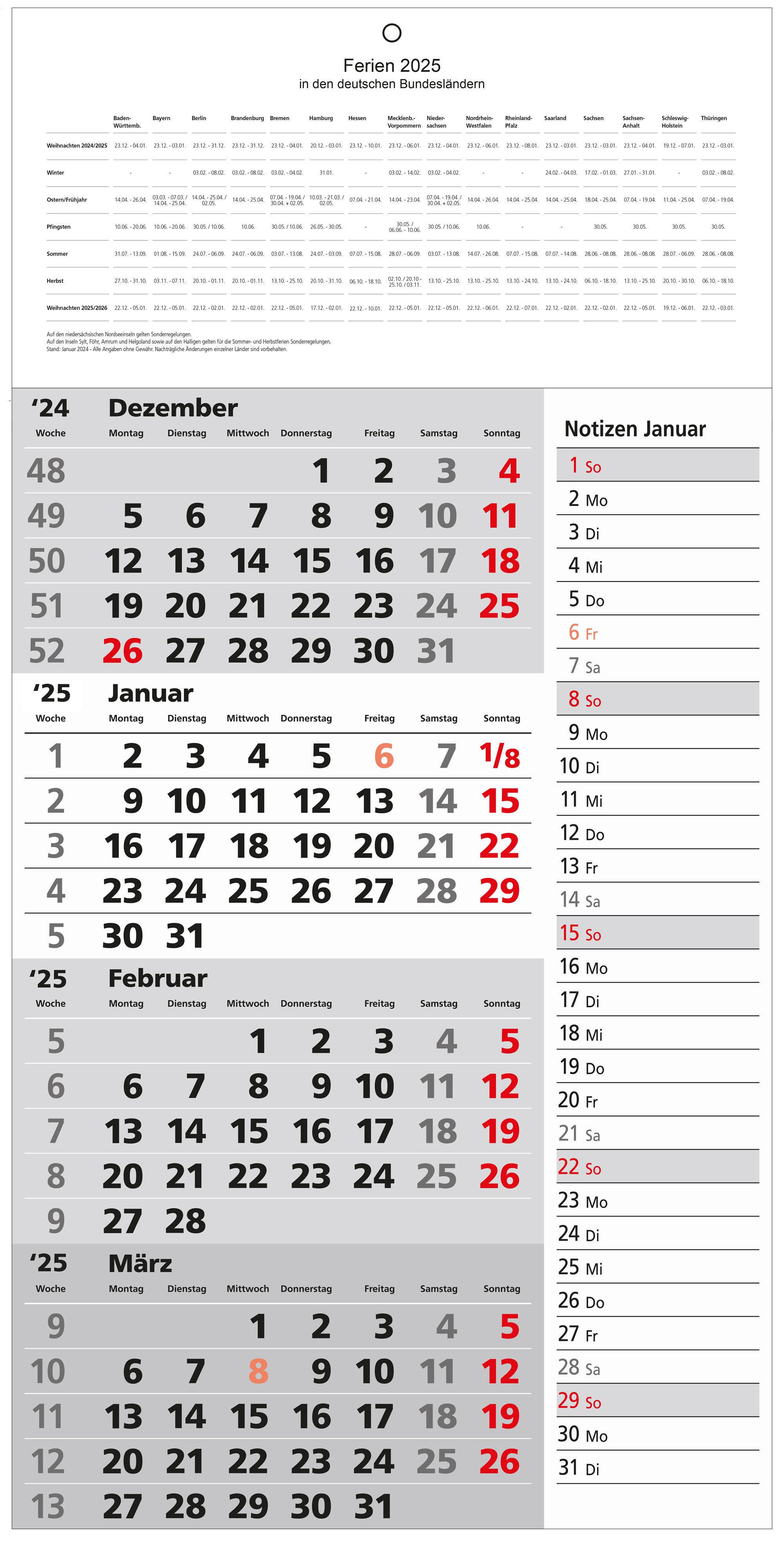 GÜSS Kalender Monatskalender 2025 Güss 4-Monatskalender mit Notizspalte 60x30cm, 4-Monatskalender