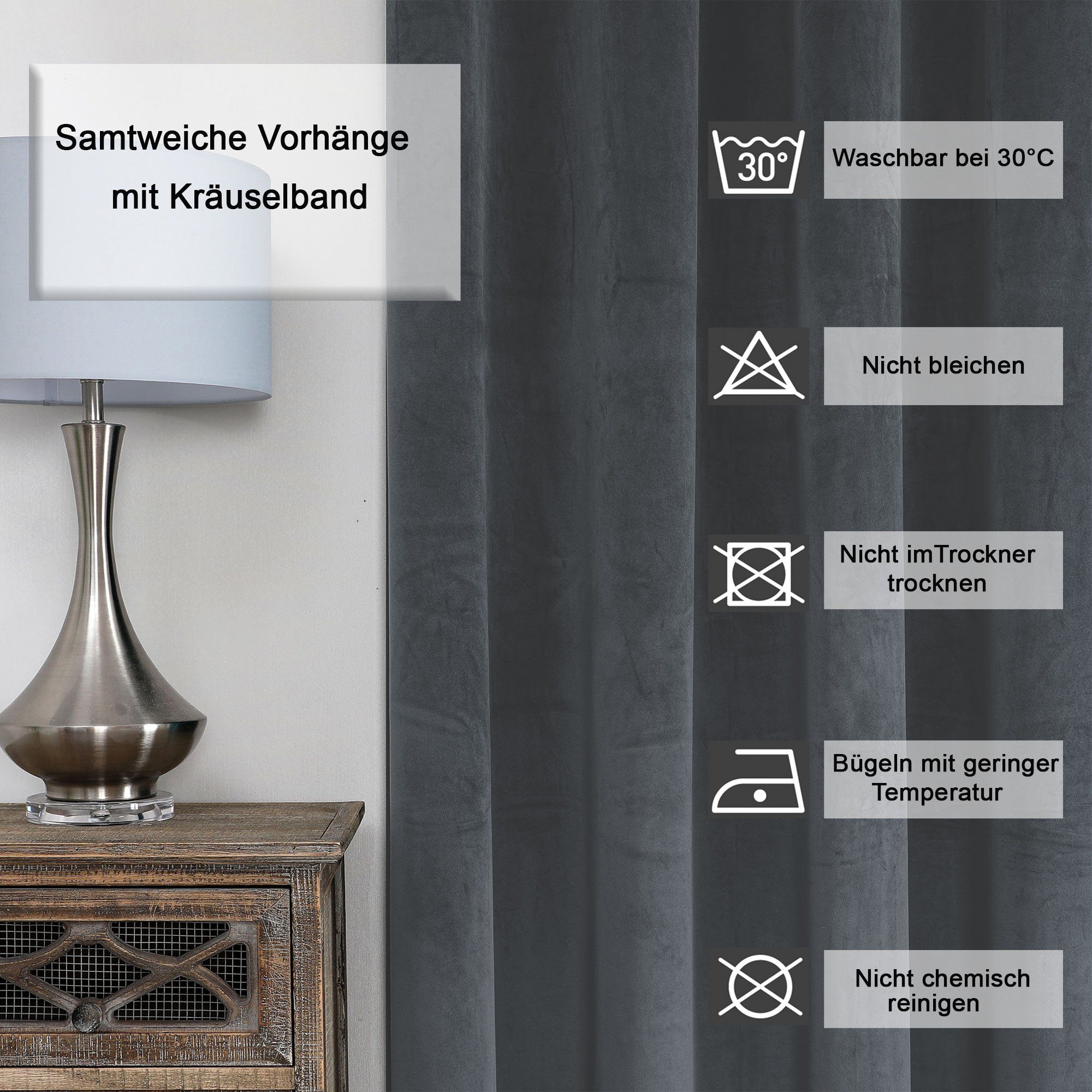 Gardine Vorhang 140x245 Kräuselband Verdunkelung cm und Anthrazit (1 Samt St), blickdicht, weich Deko, Polyester Haus Kräuselband