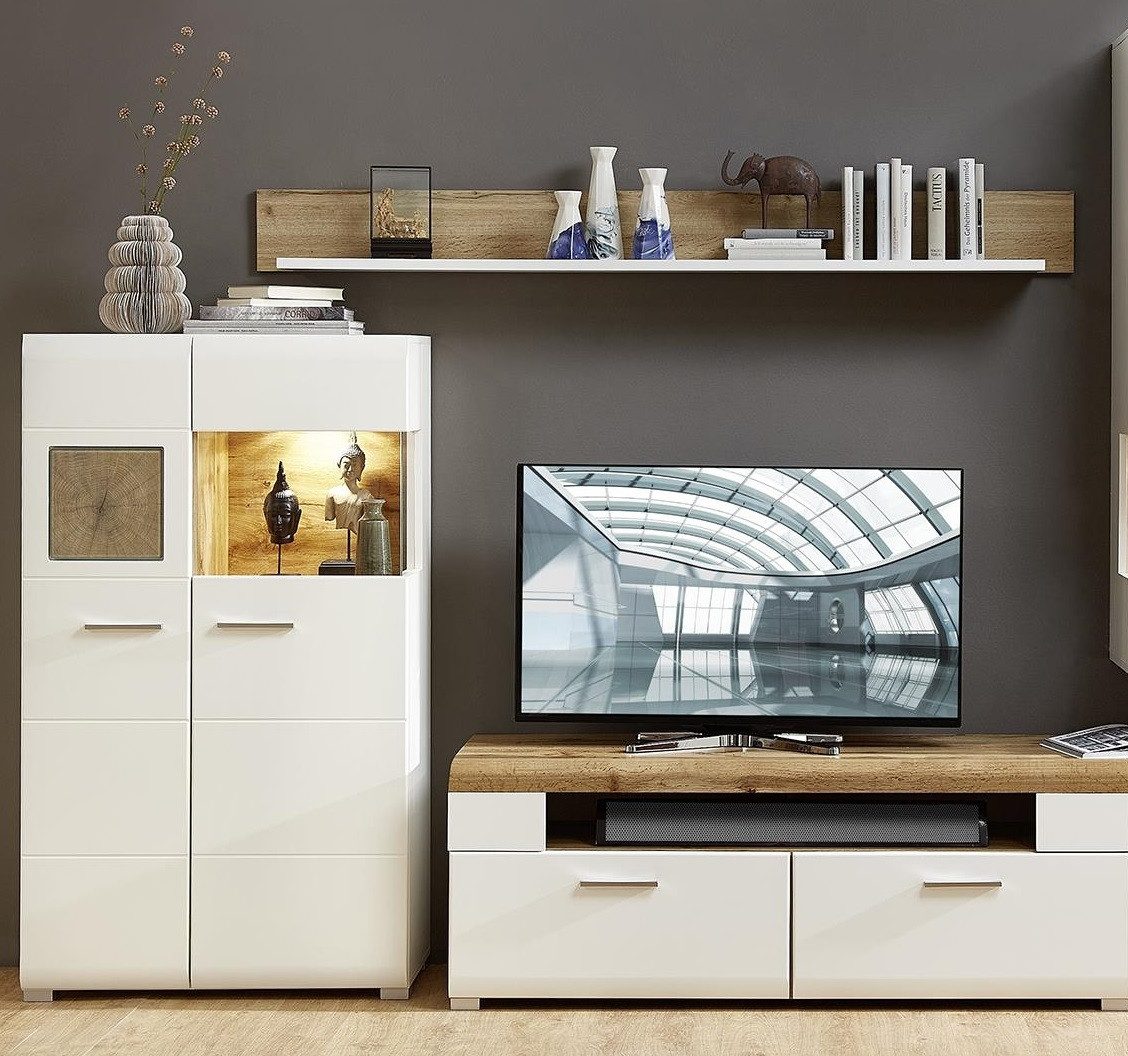freiraum Wohnwand Kathlin, (3-teilig), (3-teilig) in Weiß matt / Eiche Dekor - 220x160x47 (BxHxT)