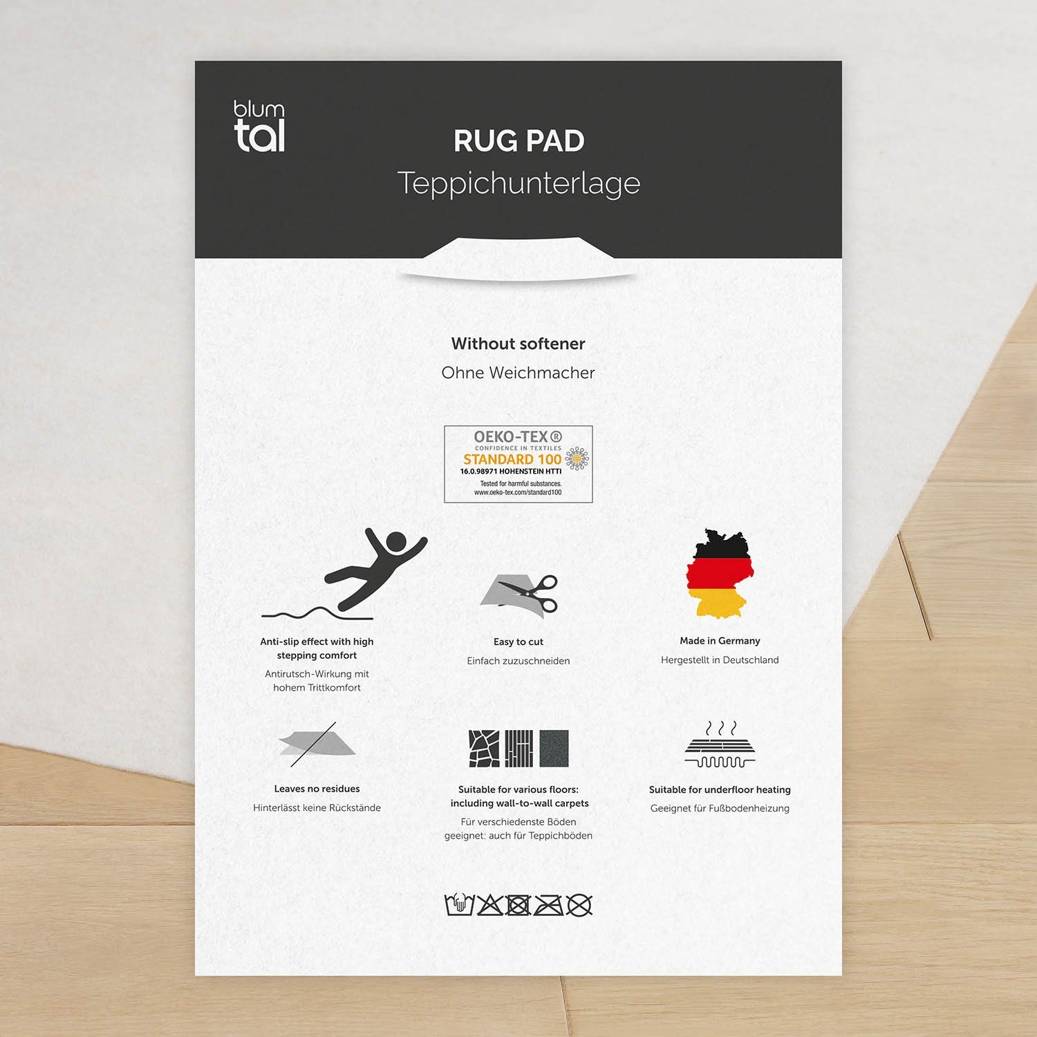 Blumtal Antirutsch Teppichunterlage Antirutschunterlage - unsichtbare Antirutschmatte, Universal Stopper, (individuell zuschneidbar, rutschfest, 1-St), Fußbodenheizung geeignet, Ohne Weichmacher - Made in Germany