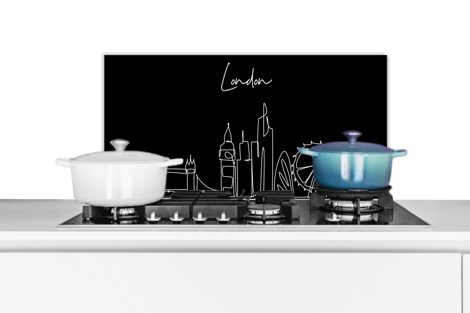 MuchoWow Küchenrückwand Skyline - Linienkunst - London - Schwarz und weiß, (1-tlg), 60x30 cm, Wandschutz, gegen Fett und Schmutzflecken für Küchen