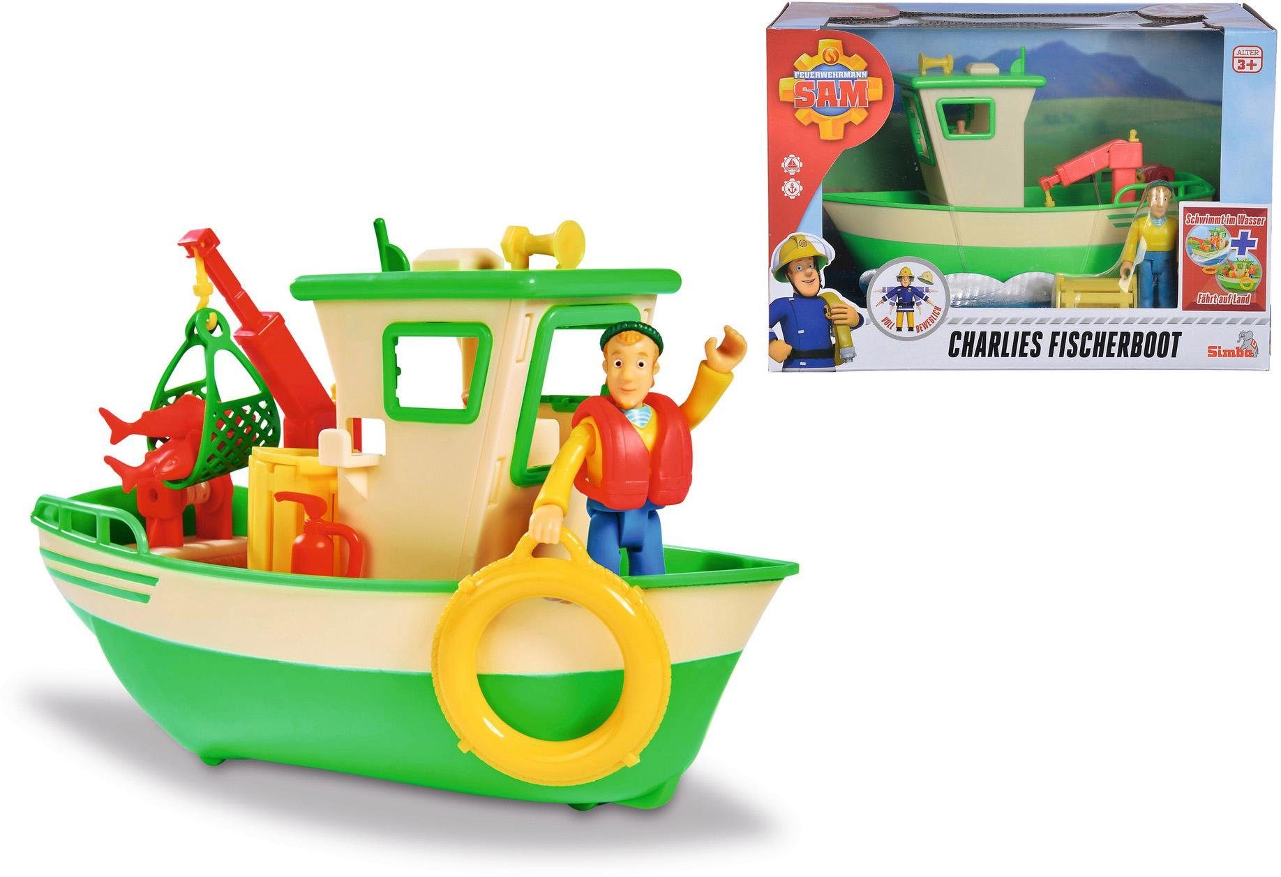 Image of Feuerwehrmann Sam - Charlies Fischerboot mit Figur, Spielfahrzeug