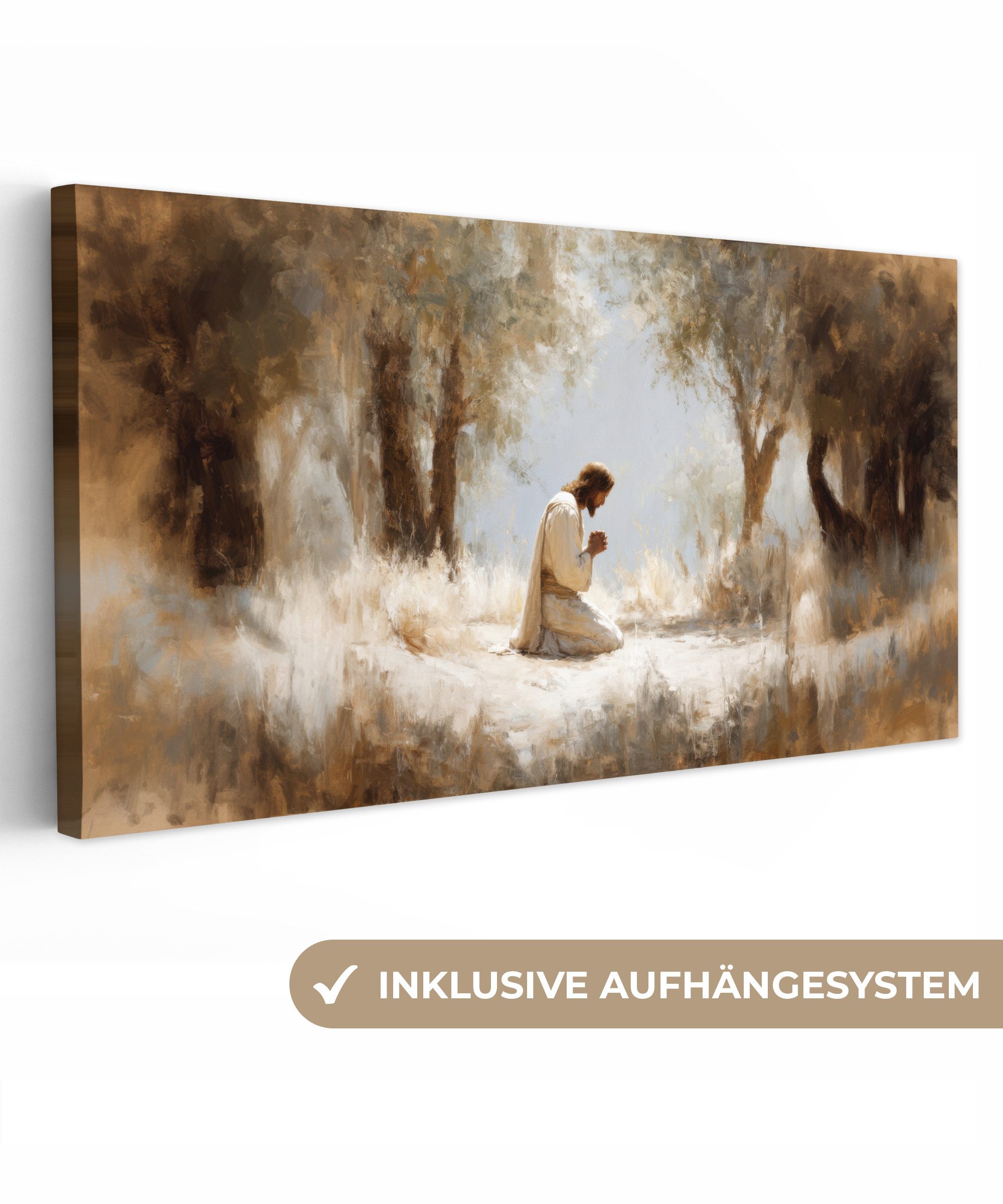 OneMillionCanvasses® Leinwandbild Panorama Jesus - Kniend - Waldlandschaft - Betend, Fotodruck (1 St), Wandbild, Deko Schlafzimmer Wohnzimmer Flur 40x20 cm