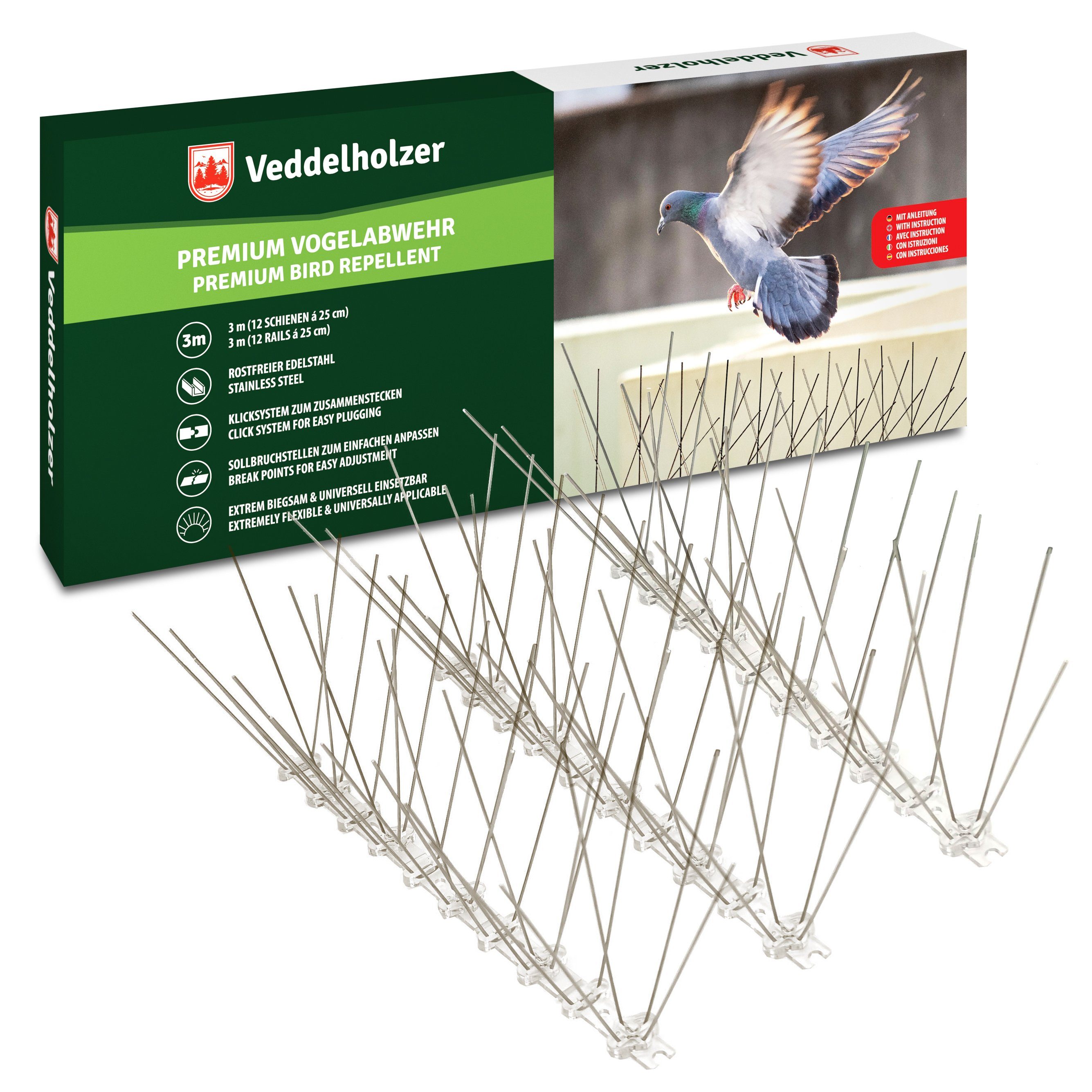 Veddelholzer Taubenspikes Premium 3 Meter Edelstahl Vogelabwehr Taubenabwehr Taubenschutz, Abgerundete Spitzen, Vogelschutz Fenster Taubenspikes Fenster, Dachrinne, Vogelabwehr Spikes mit Sollbruchstellen & Klicksystem