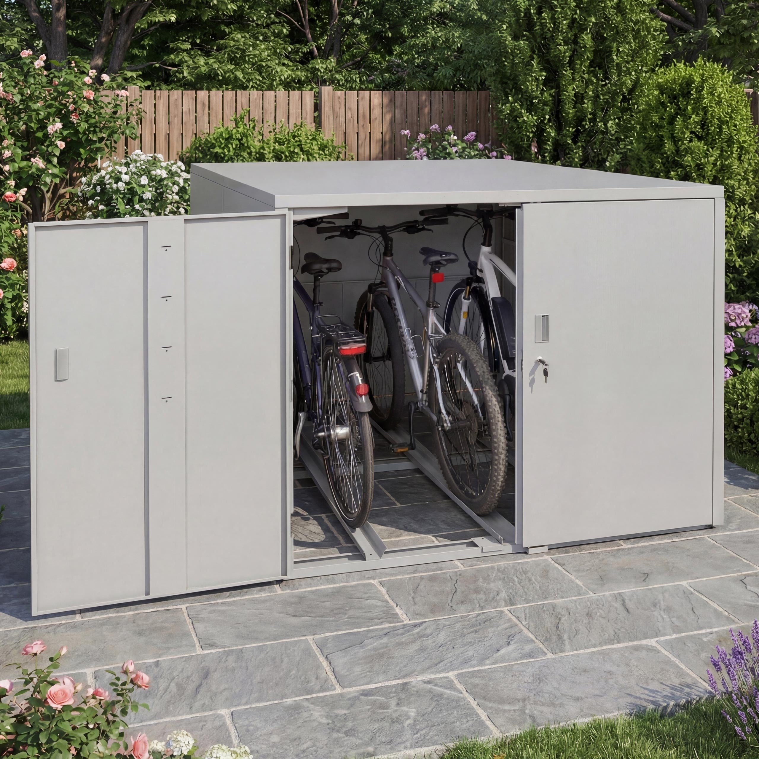 MCW Fahrradbox MCW-P93-3 (1 St), Abschließbar, 2 Schienen für die Fahrräder, Bodenbefestigung möglich