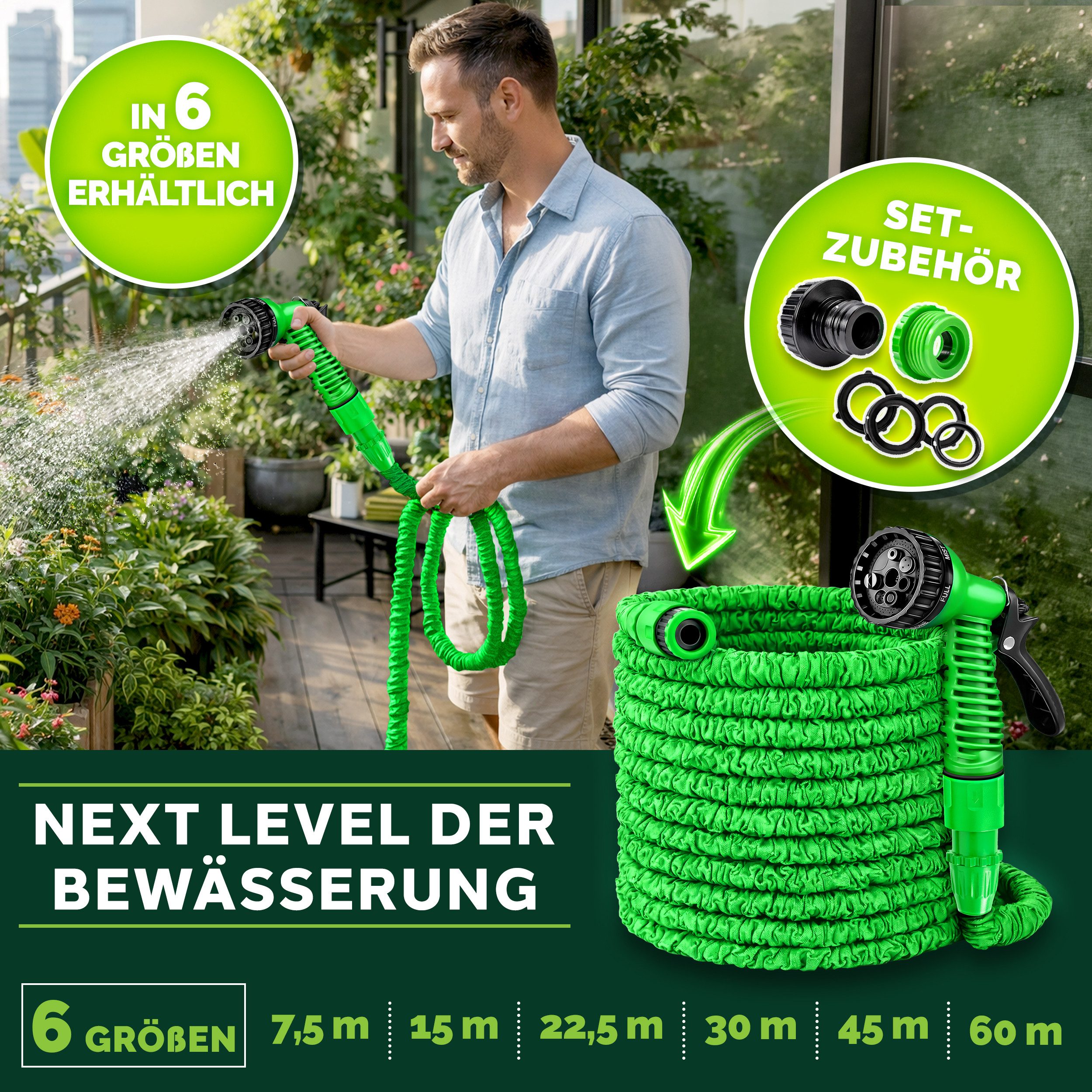 TRESKO Gartenschlauch Flexibler Wasserschlauch Garten kein verknoten, dehnbarer Flexischlauch Multifunktionsbrause mit 7 Funktionen