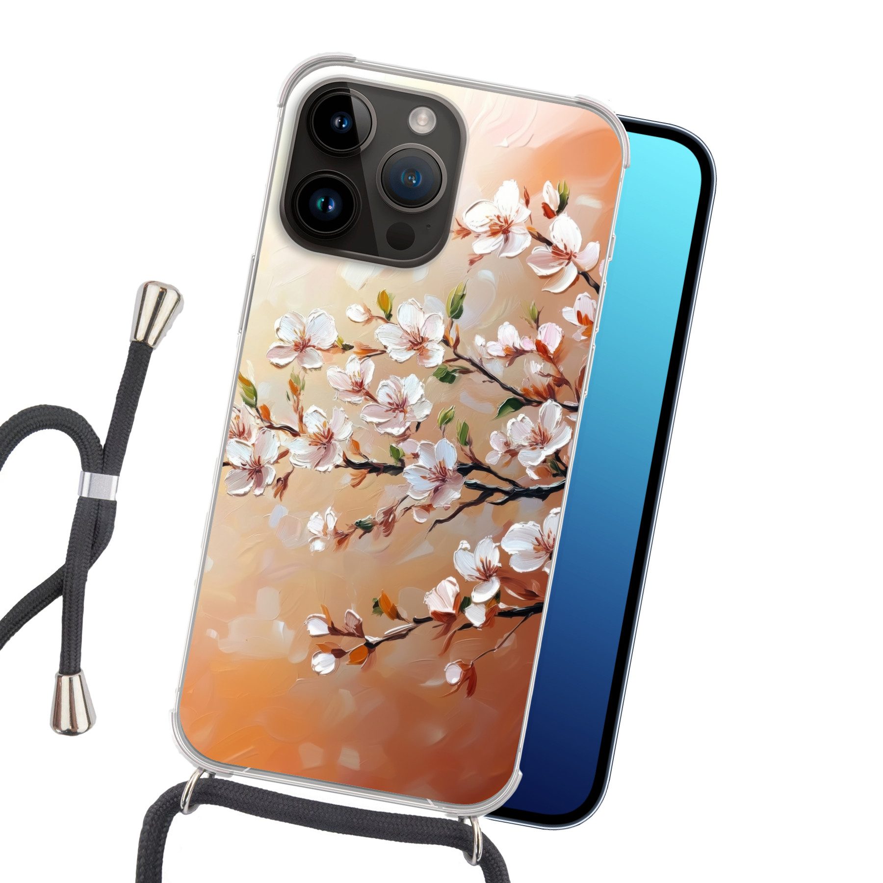 MuchoWow Handyhülle für Apple iPhone 14 Pro Max Blütenzweige - Malerisch - Rosa, Tragbare Handyhüllen mit Kette zum umhängen, Handykette Handyband