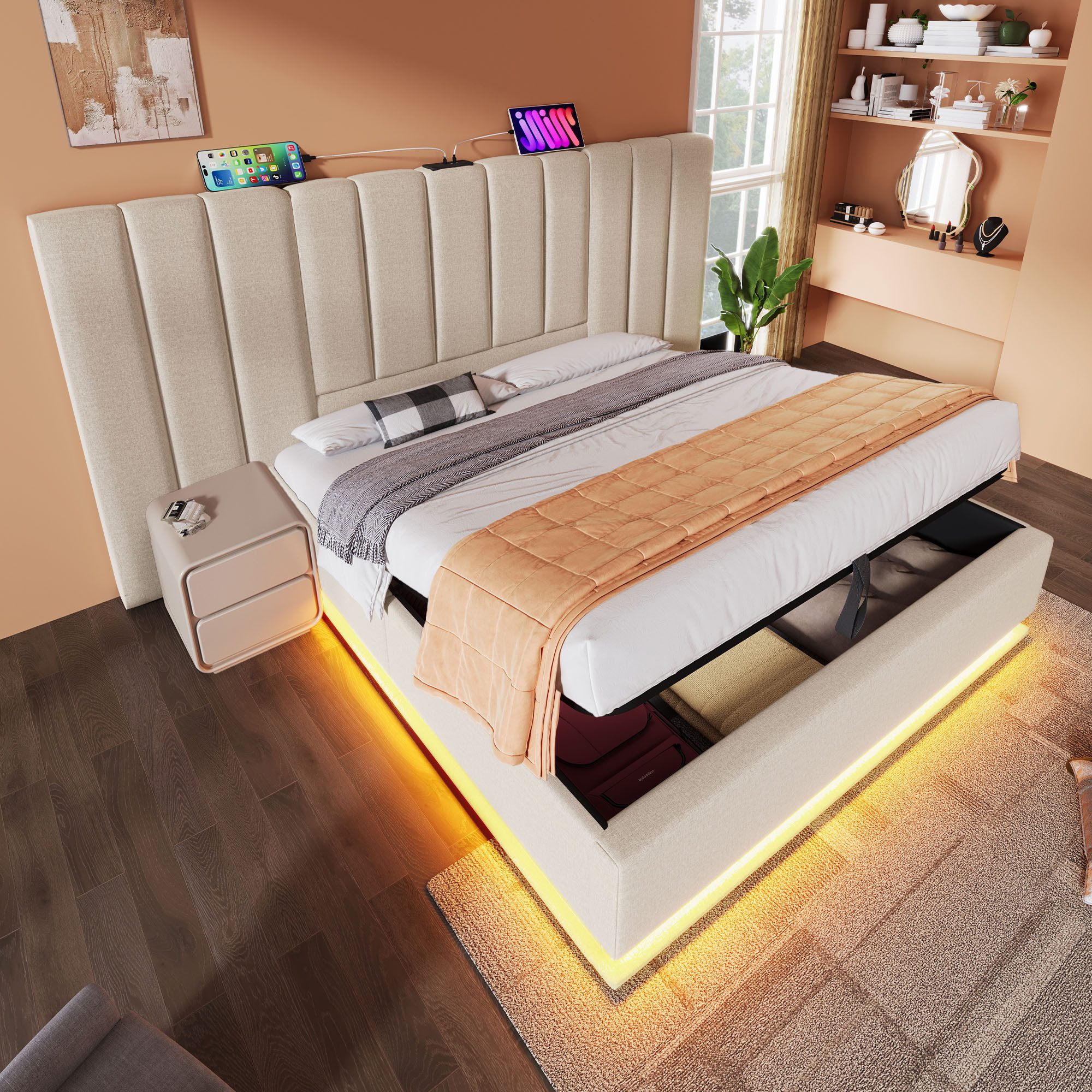 REDOM Polsterbett Stauraumbett mit Lattenrost (Doppelbett, Funktionsbett mit Bettkasten und Lattenrost, 1-tlg., 160×200cm, ohne Matratze), mit App-Steuerung LED und USB-C Ladefunktion