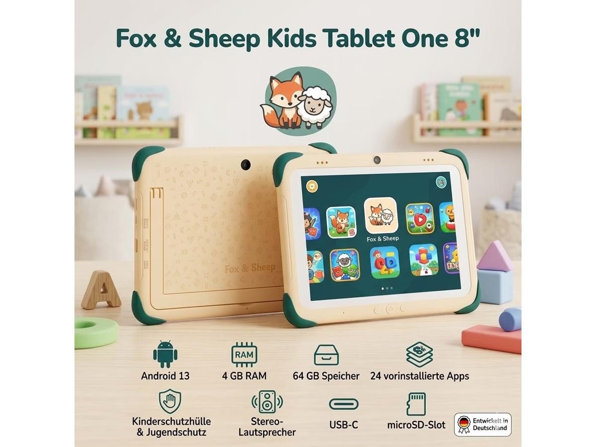 Fox & Sheep Kids Kinder Robustes Tablet 8 Zoll + Kopfhörer Tablet (8", 64 GB, Android 13)