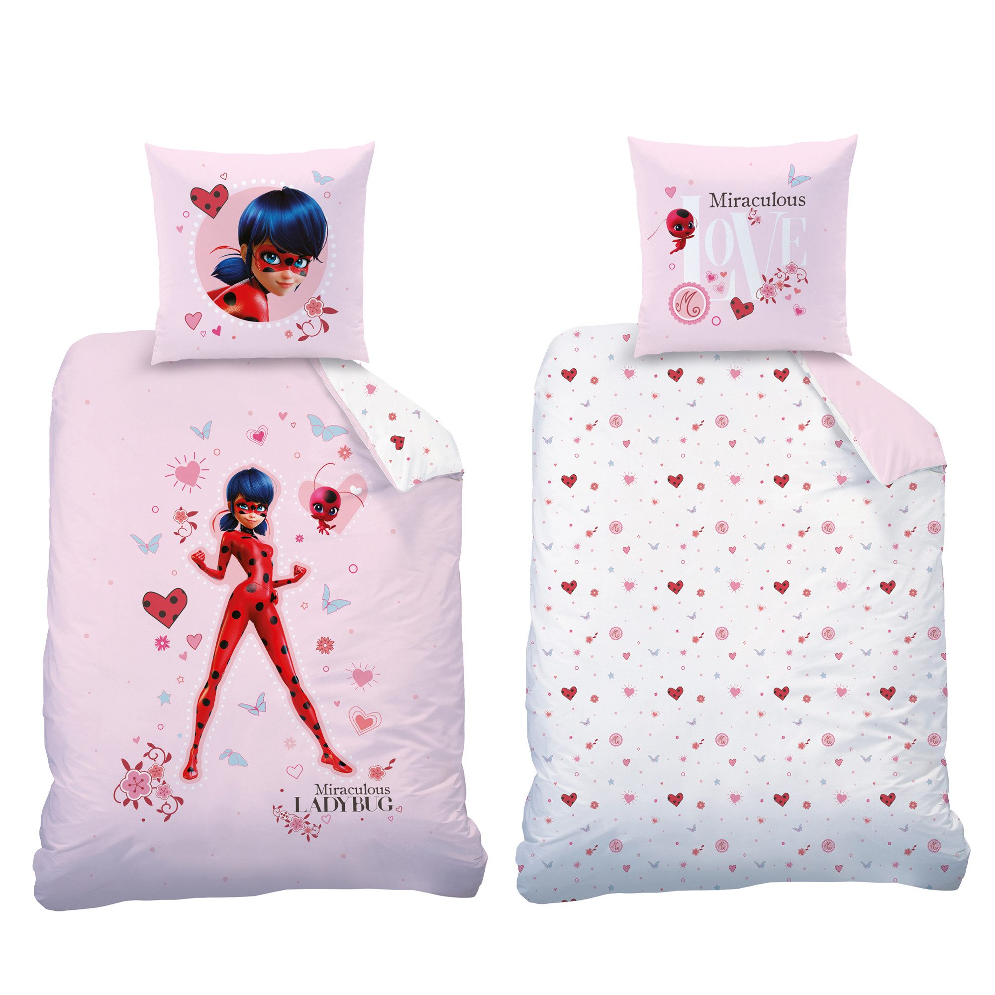 Wendebettwäsche Miraculous Ladybug Kinder-Bettwäsche Hearts Rosa Biber / Flanell, BERONAGE, 100% Baumwolle, 2 teilig, 135x200 + 80x80 cm