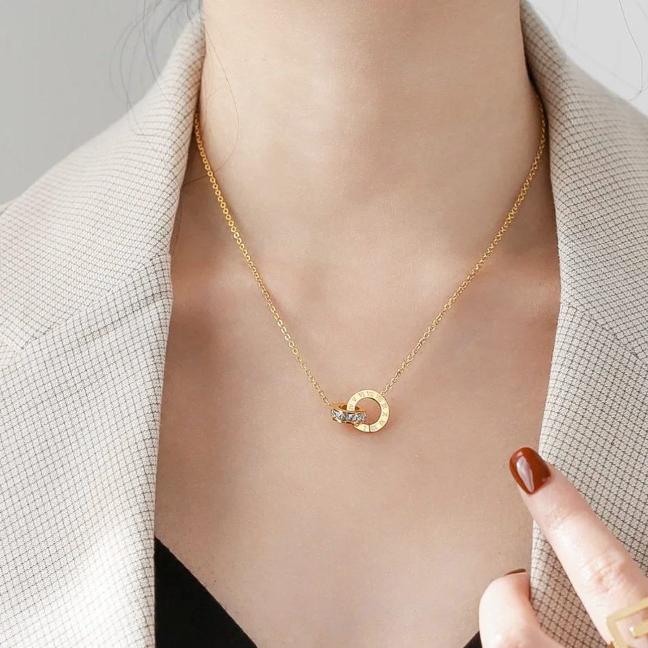 KARMA Kette mit Anhänger Damen Edelstahl Gold 40 Kette mit Doppelring Anhän günstig online kaufen