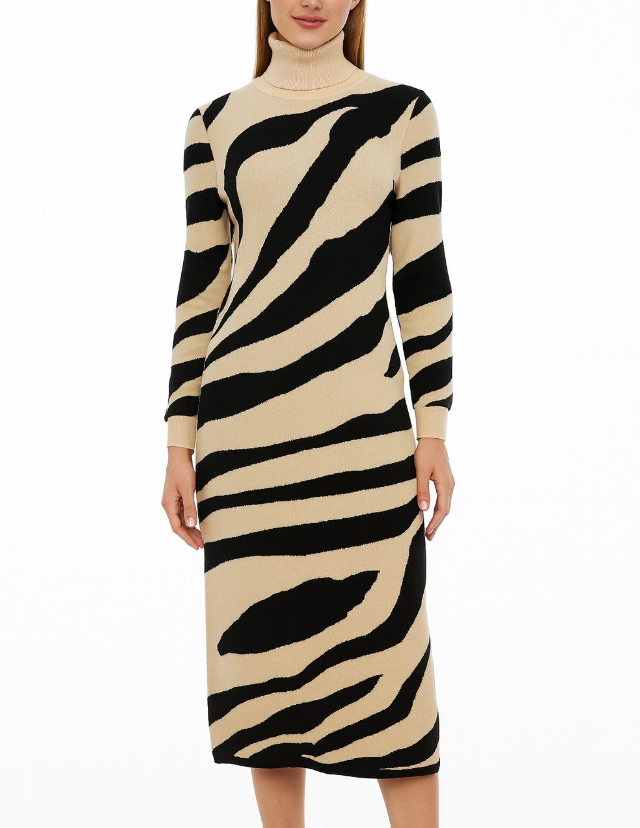 Mississhop Strickkleid Damen figurbetontes Strickkleid mit Rollkragen mit Zebra-Muster M. 424
