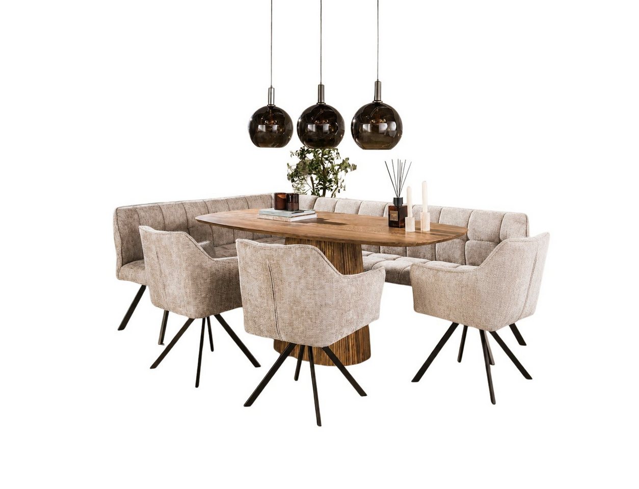 LEVEN Lifestyle Essgruppe RIGO modern mit Eckbank, 3 Drehstühlen & ovalem Massivholztisch