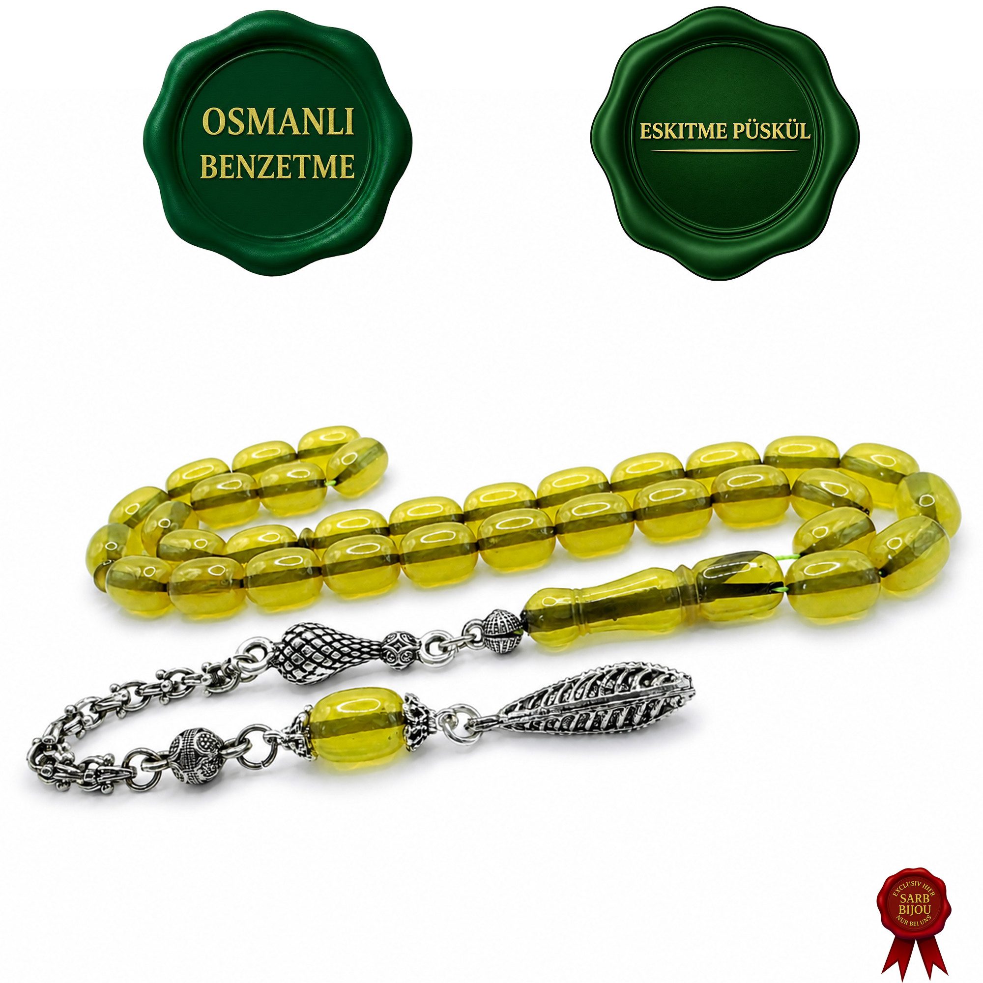 M-Punkt24 Kettenanhänger Tesbih Tespih Osmanli Benzetme Kapsül 8,5 x 11,5 mm (Gelb-Rot-Marmoriert, inkl. Etui), Eskitme Püskül