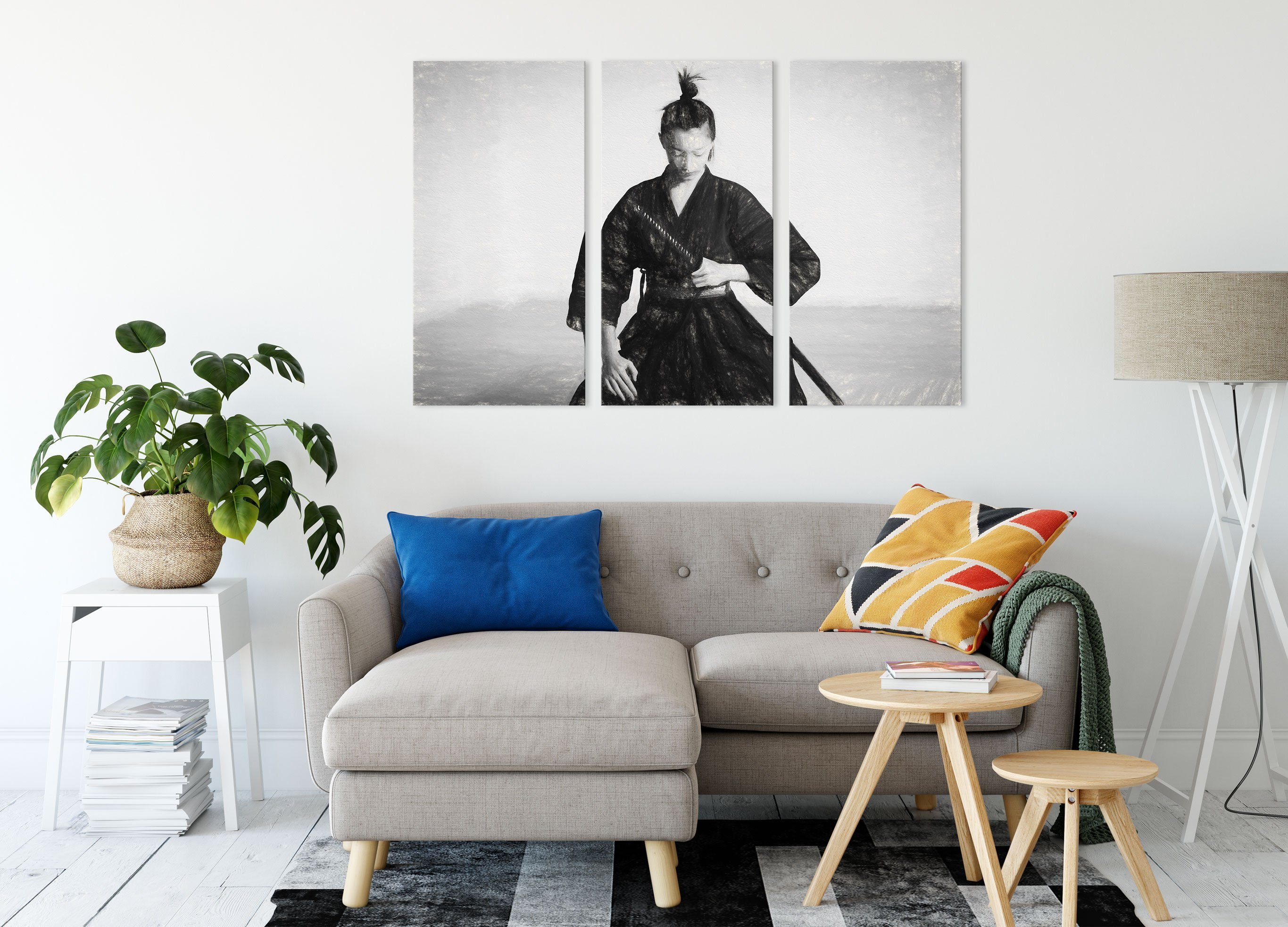 Kunst Leinwandbild 3Teiler stolze (120x80cm) fertig St), stolze inkl. bespannt, Samurai-Kriegerin Kunst, Samurai-Kriegerin Zackenaufhänger (1 Pixxprint Leinwandbild
