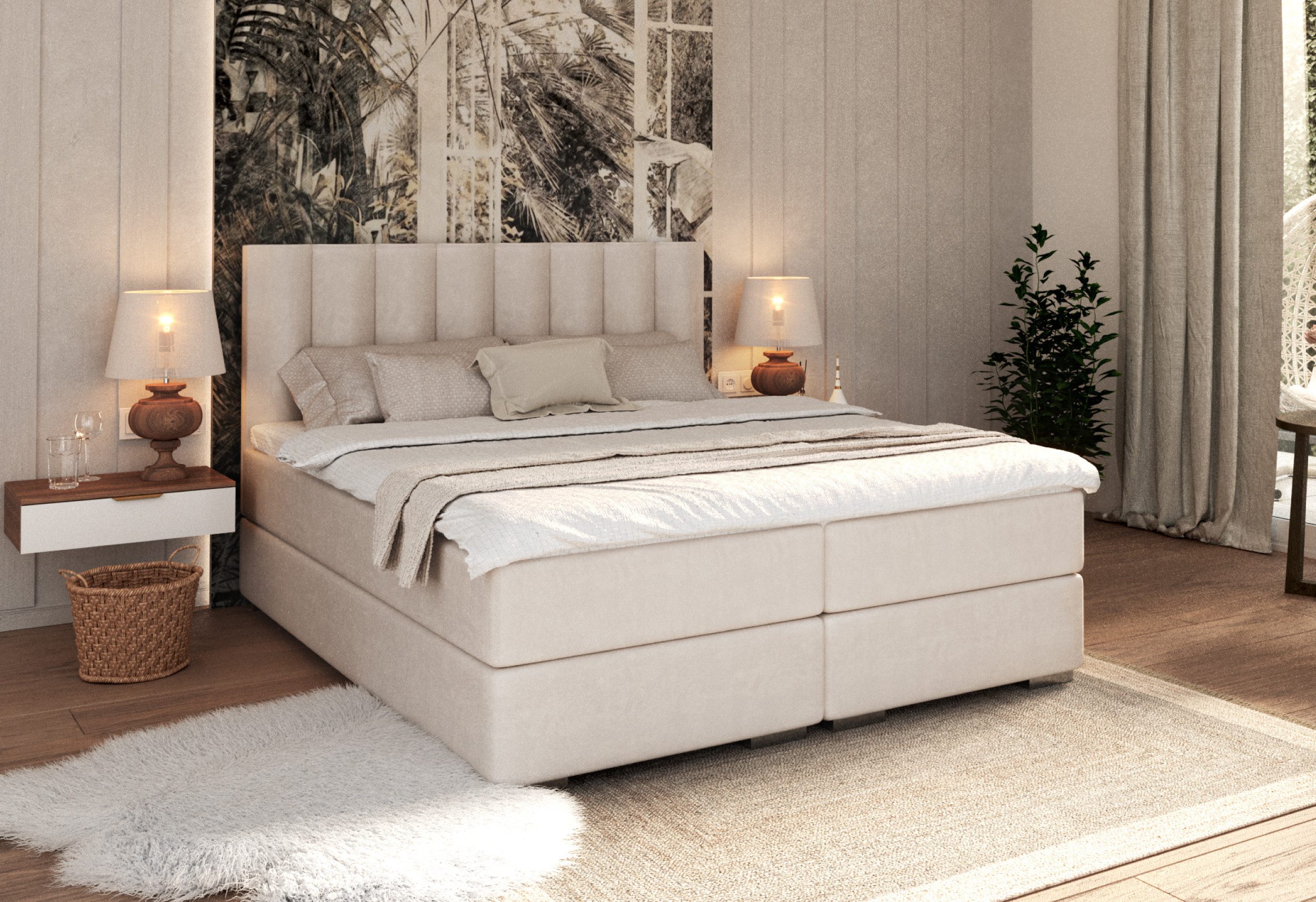 FDM Boxspringbett HEBRON Boxspring Komplettbett Polsterbett Trinity Federkernmatratze (verfügbar 140x200 160x200 180x200cm, Bettrahmen, Bett, mit großen gepolsterten Kopfteil, mit Bettkasten zum aufklappen)