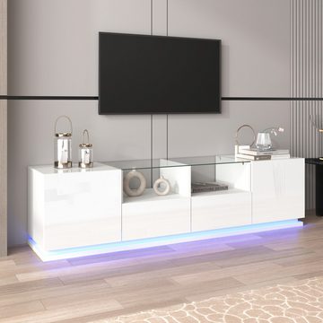 MODFU TV-Schrank Lowboard mit Glastischplatte und LED, mit Türen und Schubladen