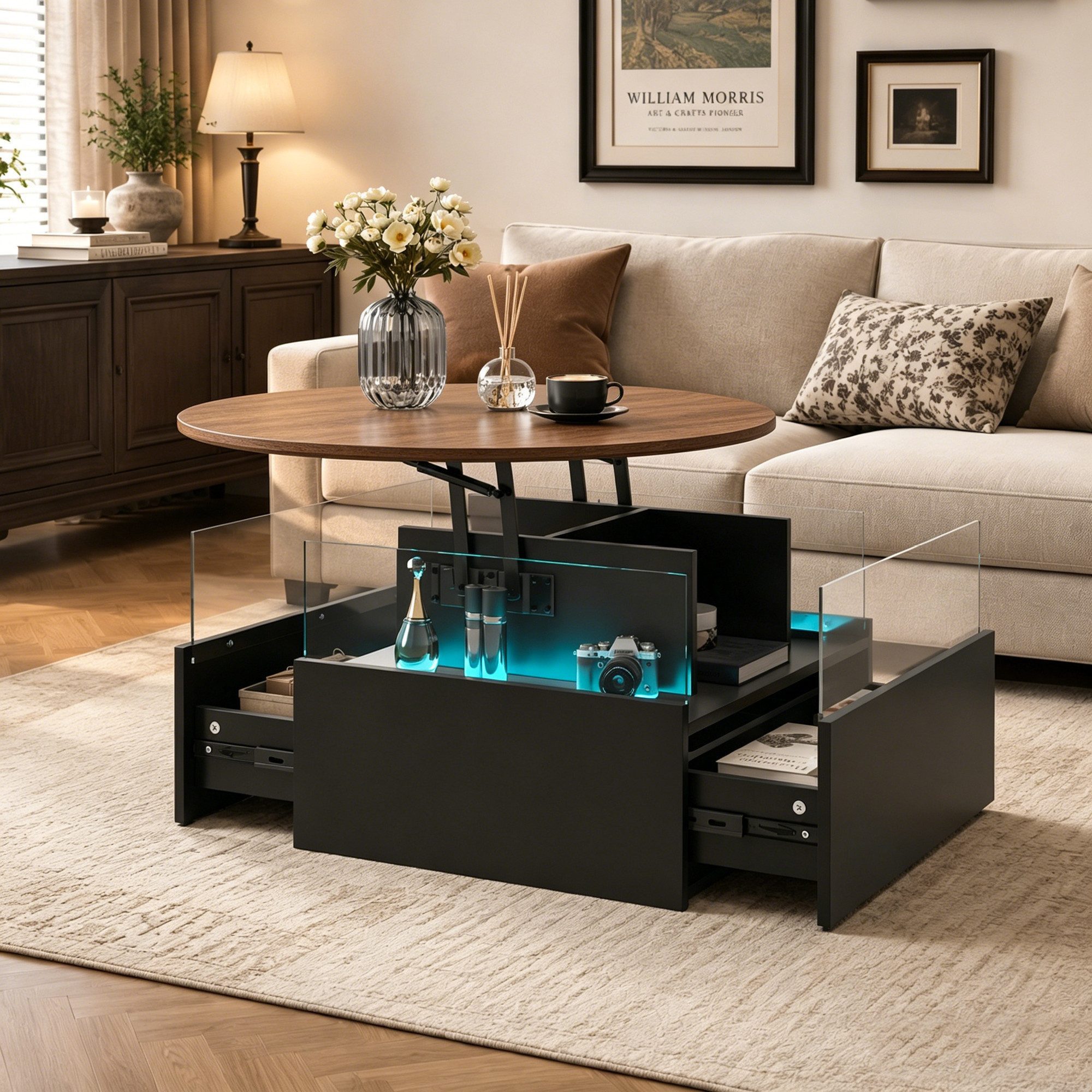 radelldar Couchtisch mit LED Beleuchtung, höhenverstellbarer Wohnzimmertisch, 78x78x40cm (1-St., 1 Tisch), höhenverstellbarer