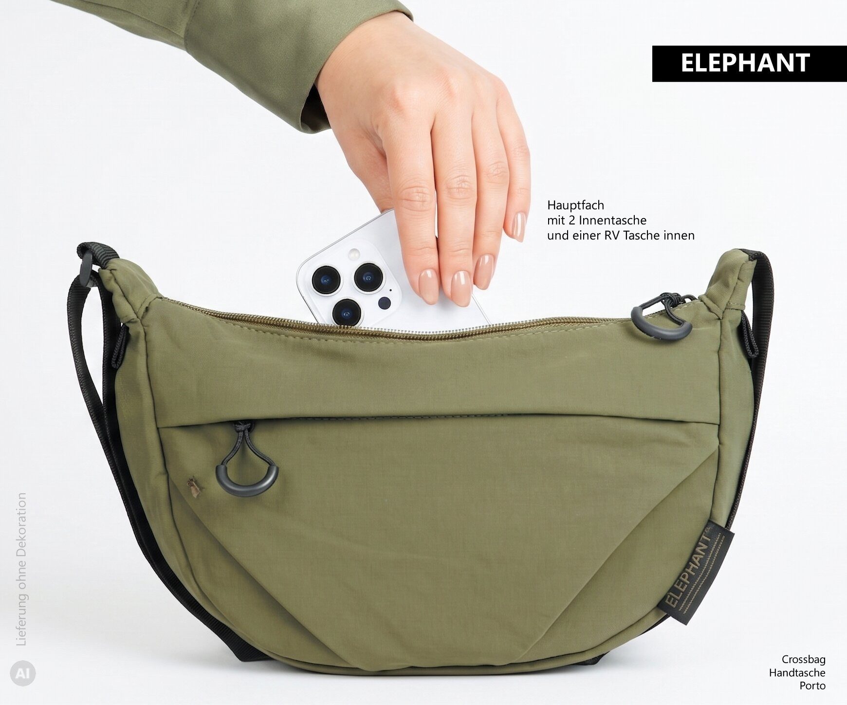 ELEPHANT Handtasche Crossbag Moon Bag Schultertasche Slingbag klein, Damentasche Damen Freizeittasche Umhängetasche Halbmond 3732 + Etui – Bild 4 von 5
