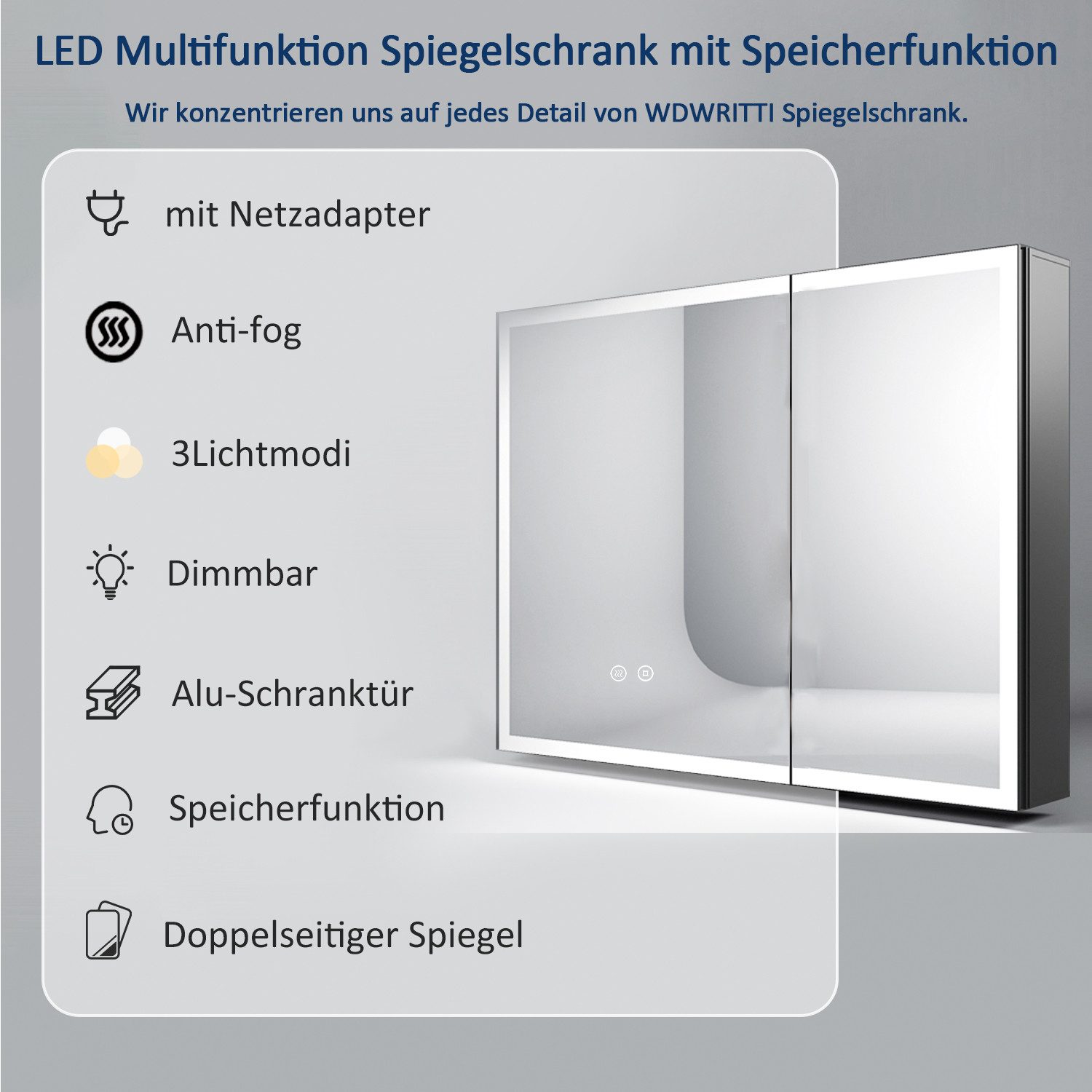 WDWRITTI Spiegelschrank mit beleuchtung 3Lichtmodi Dimmbar Badezimmerspiegelschrank LED 80x60 (Metall LED Wandschrank Hängeschrank Schwarz 2 türig, Speicherfunk – Bild 4 von 5