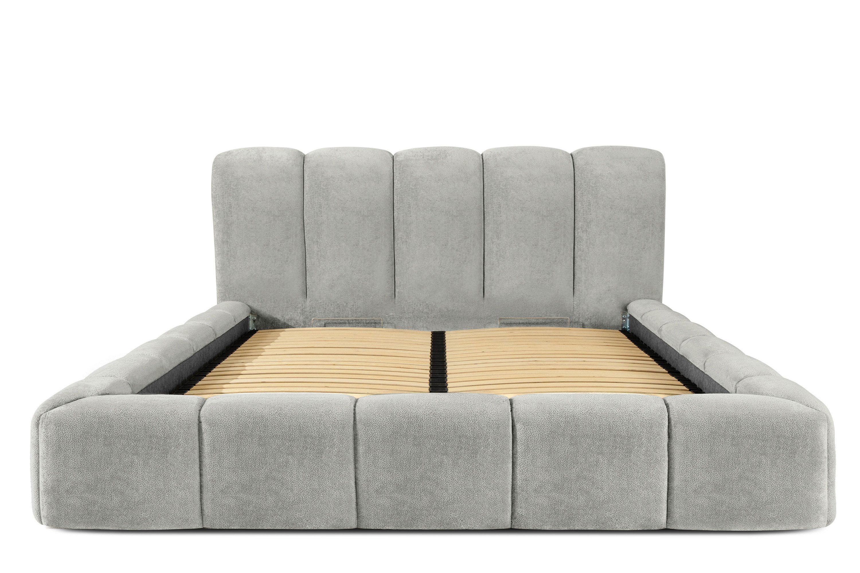 KONSIMO® Polsterbett Doppelbett MERIDE mit Stauraum, ohne Matratze, hergestellt in der EU (160/180/200 cm x 200 cm), Massivholzrahmen, Chenillegewebe, gepolstertes Kopfteil, Japandi