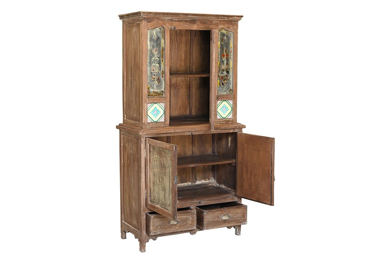 daslagerhaus Bauernschrank Vitrinenschrank Dutch Style mit Kacheln natur