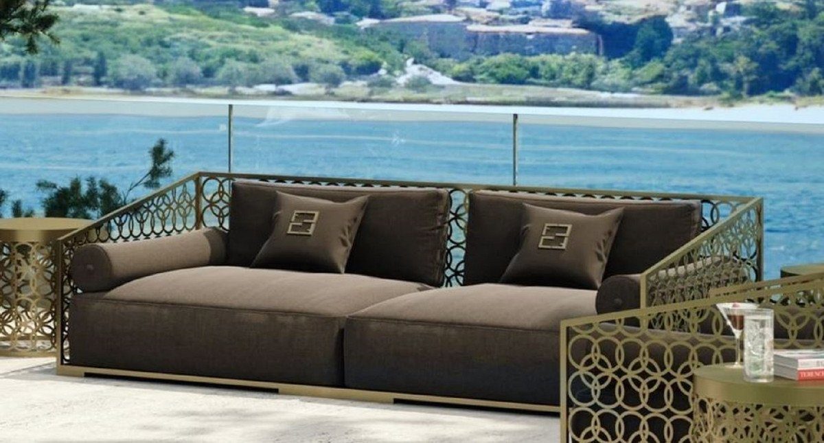 Casa Padrino 3-Sitzer Luxus 3er Sofa Braun / Gold 325 x 109 cm -  Handgefertigtes Sofa mit Kissen - Wohnzimmer Sofa - Garten Sofa - Terrassen  Sofa - Hotel Möbel - Luxus Qualität