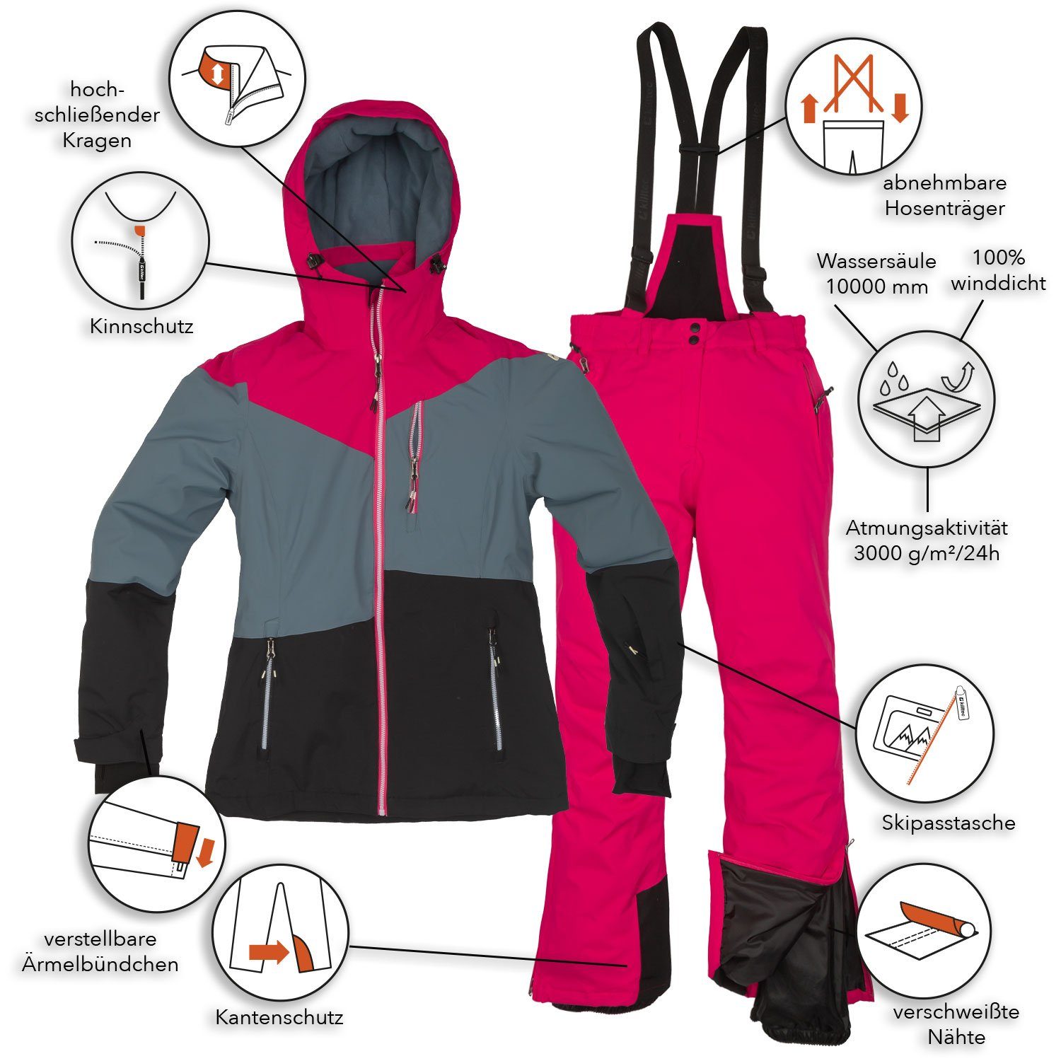 Killtec Skianzug Damen Skijacke blau-grau + Skihose pink (Gr. 42) günstig online kaufen