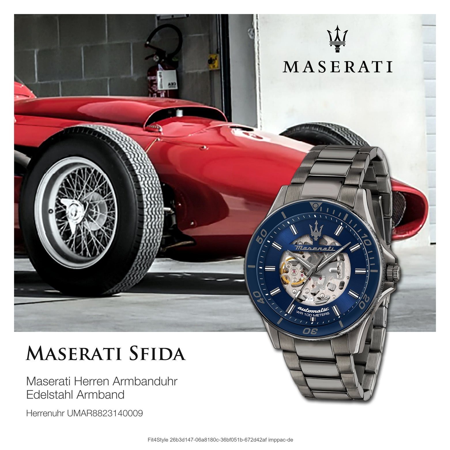 MASERATI Quarzuhr Maserati 44mm) grau Made-In (ca. Edelstahlarmband, rund, Automatik, Herrenuhr groß Italy Sfida Herrenuhr