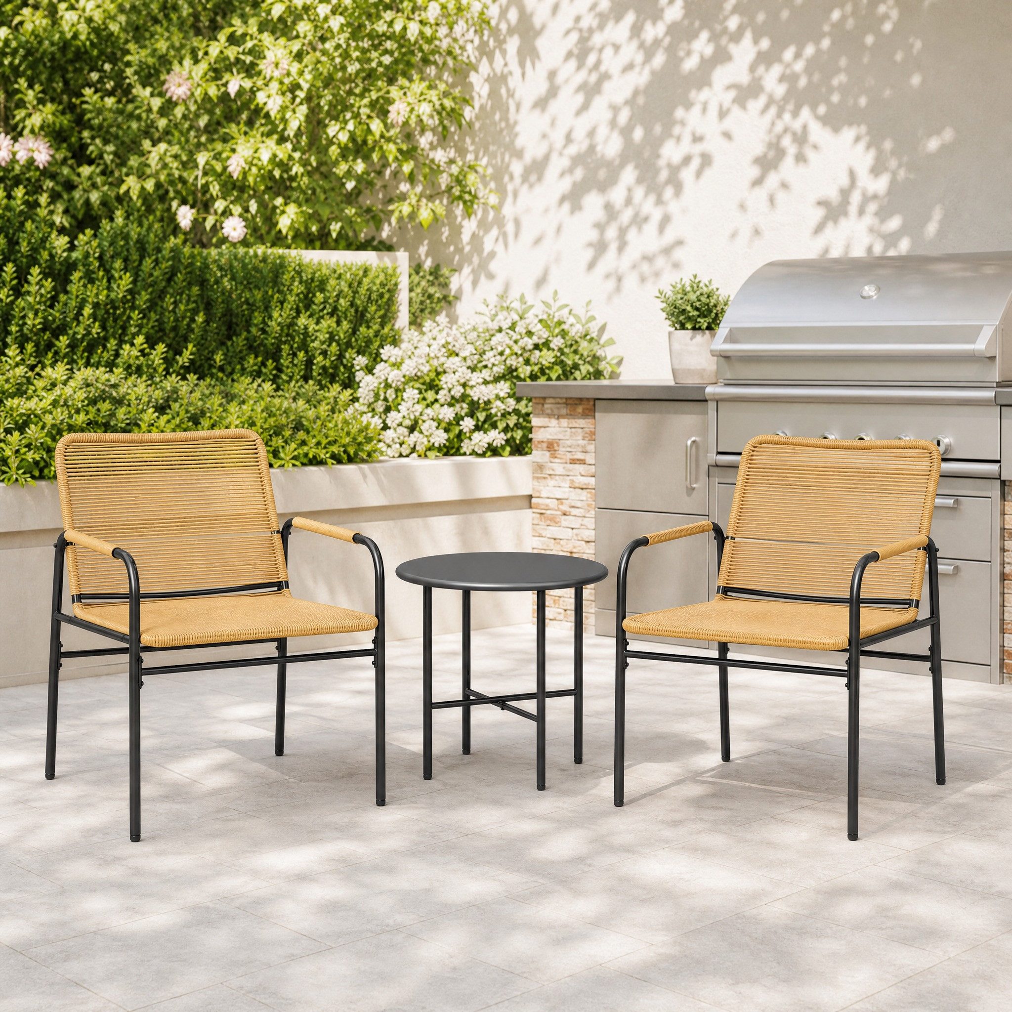 MODFU Sitzgruppe Ø 50 cm Gelbes 3-tlg. Rattan-Set mit Stahlgestell, (Set, 3-tlg., 2 Gartensessel + Couchtisch für Balkon & Terrasse), Robuste Garnitur – ideal für kleine Außenbereiche