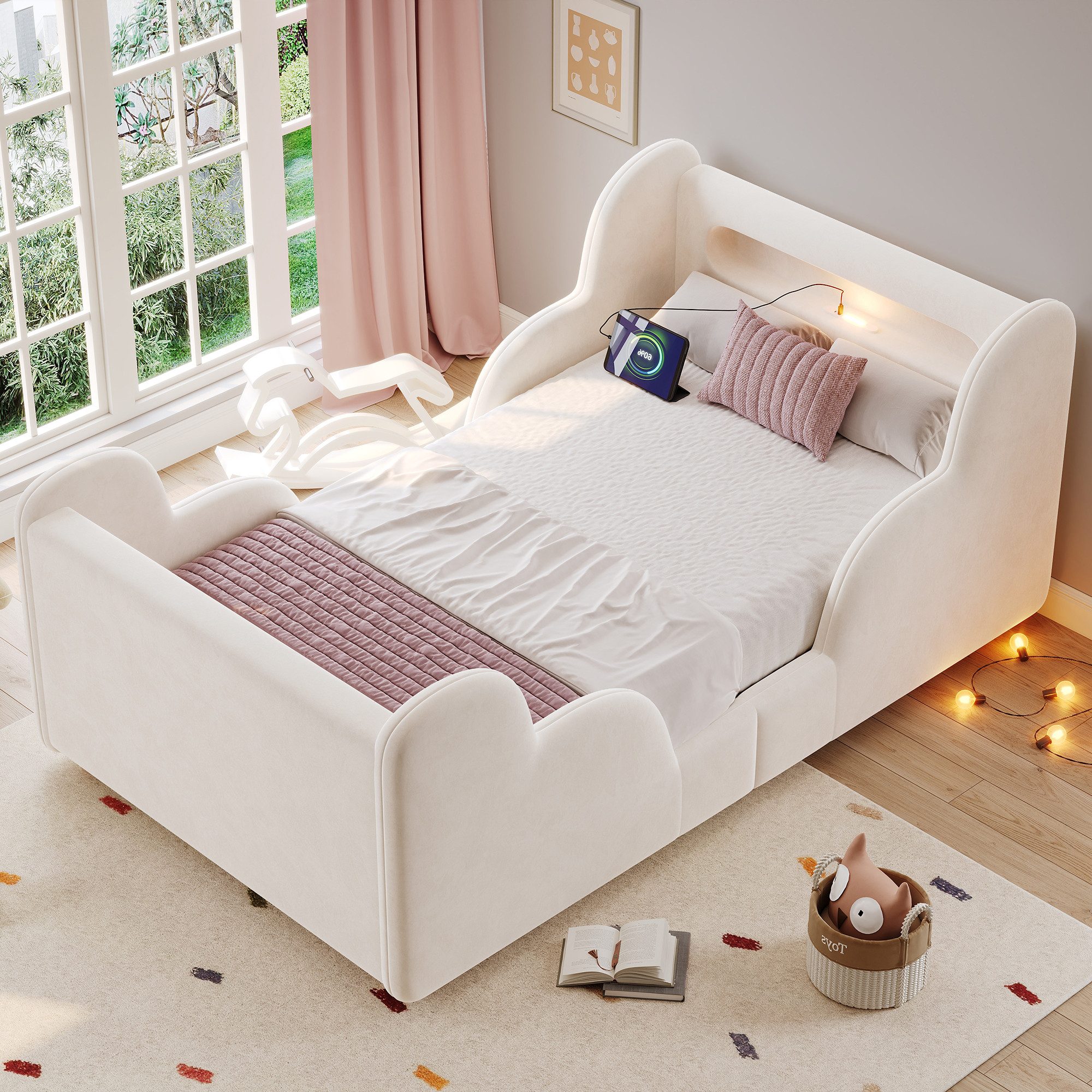 Flieks Polsterbett, Kinderbett 90x200cm mit Schutzgeländer, Nachtlicht, USB-Ladeanschluss