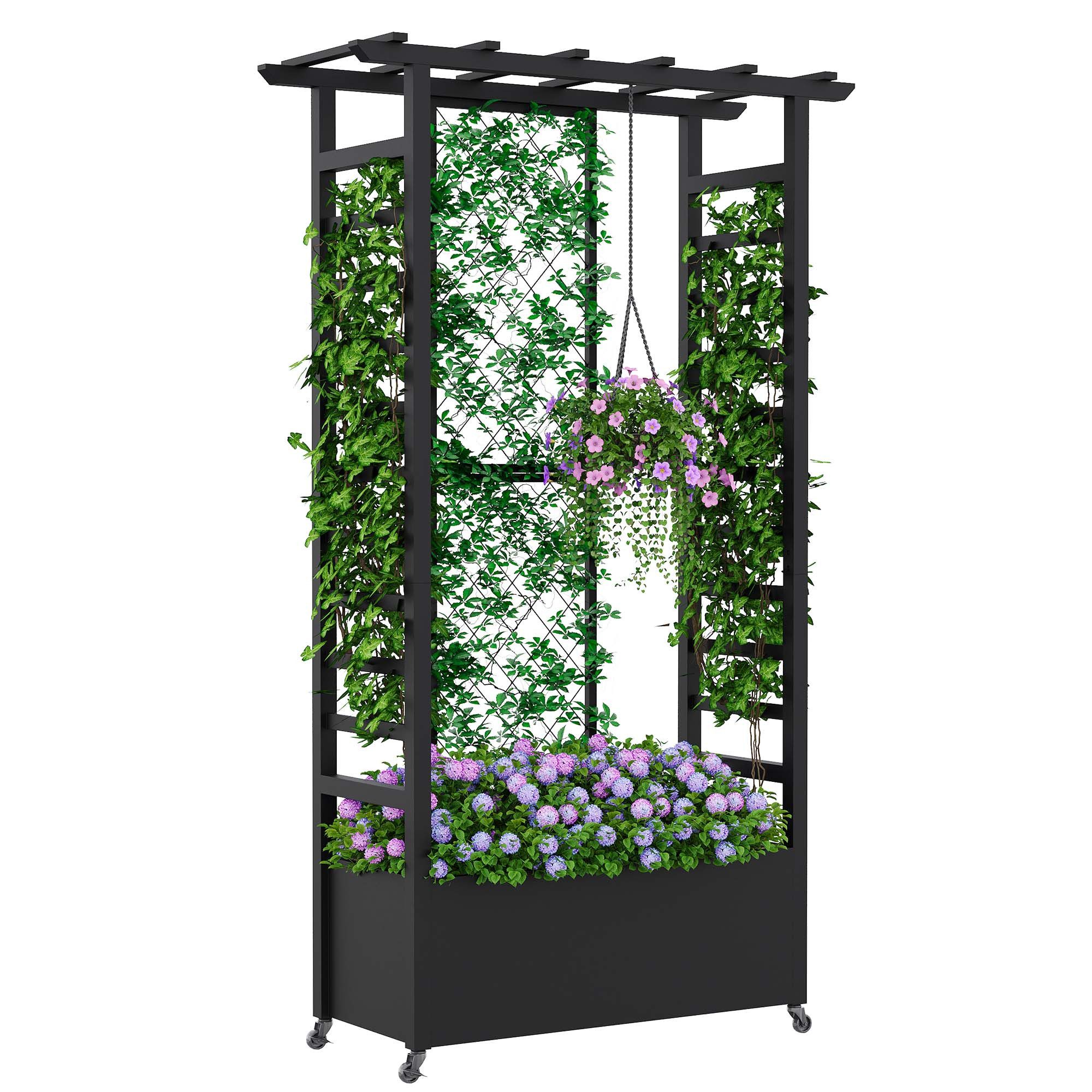 Hongsuny Hochbeet Metall Blumenbehälter mit Rankgitter, Hängedach und Rollen (1 St), Mobiler Pflanzbehälter für drinnen & draußen, Garten, Terrassen