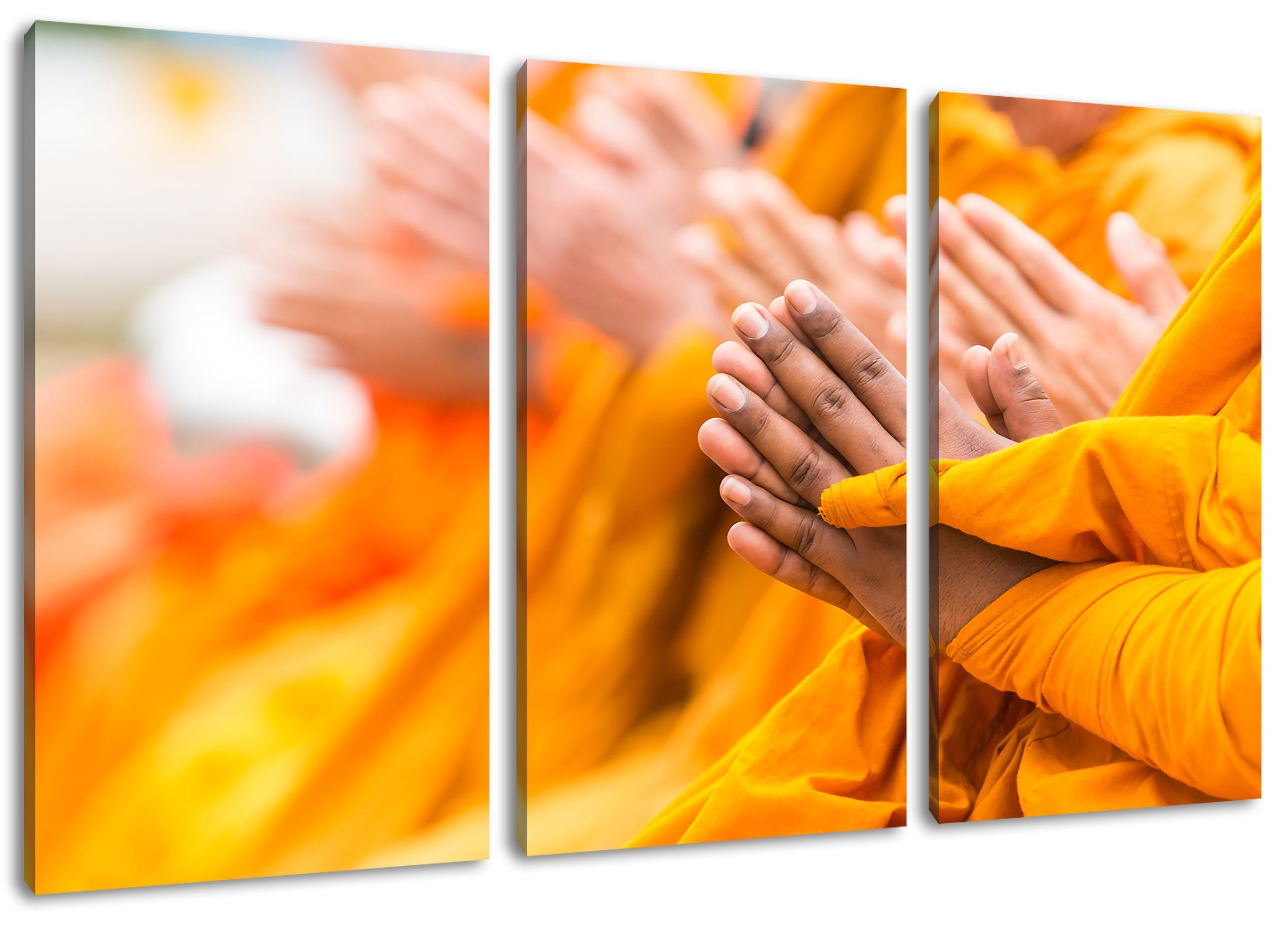 Pixxprint Leinwandbild Betende Hände Mönche Tibet, Betende Hände Mönche Tibet 3Teiler (120x80cm) (1 St), Leinwandbild fertig bespannt, inkl. Zackenaufhänger