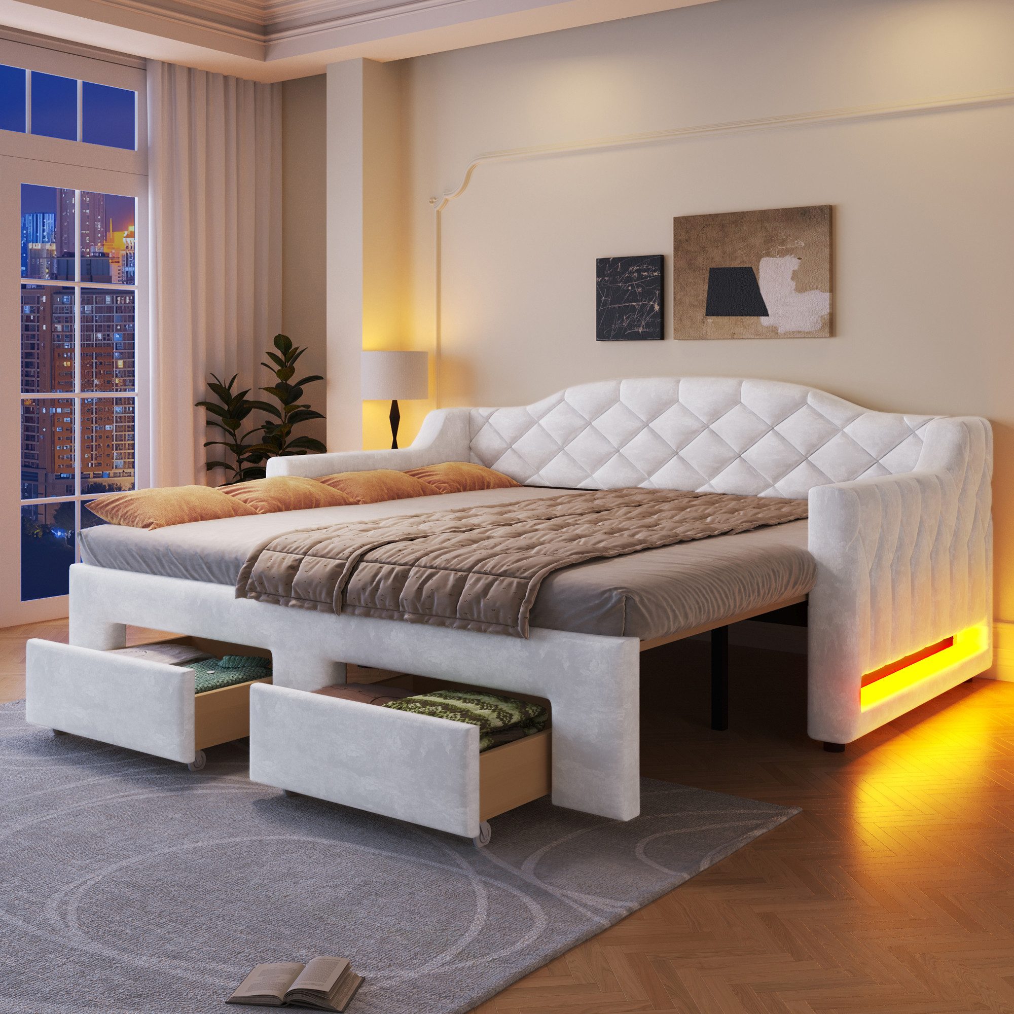 SOFTWEARY Schlafsofa mit Ausziehbett und Stauraum, mit Lattenrost und RGB LED-Streifen, Liegefläche erweiterbar, Polsterbett, Einzel- oder Doppelbett, Tagesbett, Daybett, Samt