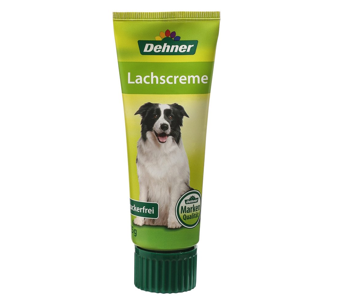 Dehner Hundesnack Lachs Creme, 6 x 75 g Tube (450 g), zuckerfrei, für: Hunde, Leckerli für ausgewachsene Hunde, Lebensmittelqualität