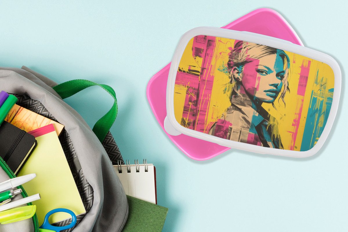 MuchoWow Lunchbox Frau - Malstreifen - Farbig, Kunststoff, (2-tlg), Brotdosen, Lunch Box, Brotbox für Kinder und Erwachsene