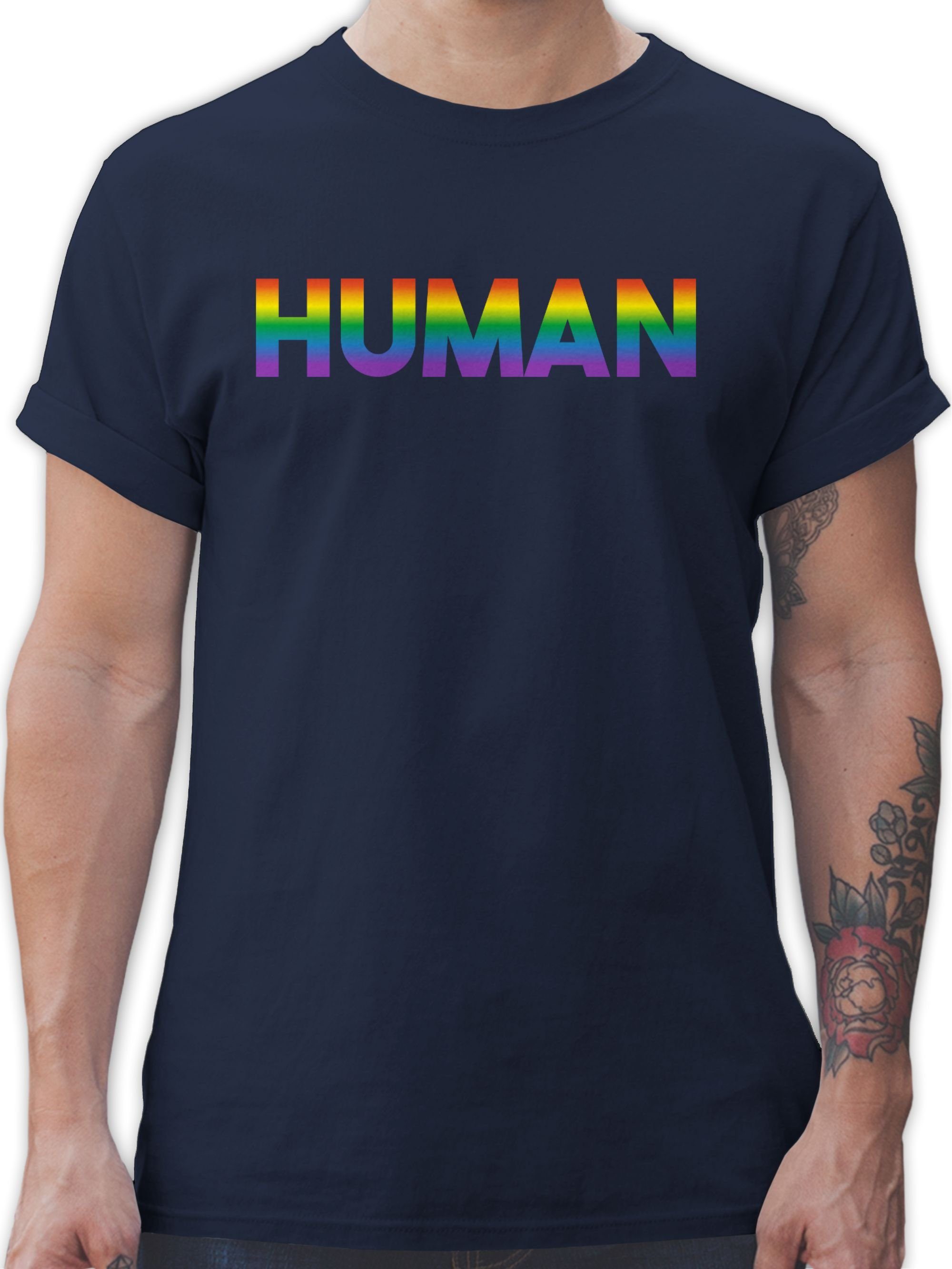 Shirtracer T-Shirt Human - Regenbogen - Schriftzug LGBT Kleidung 02 Navy Blau